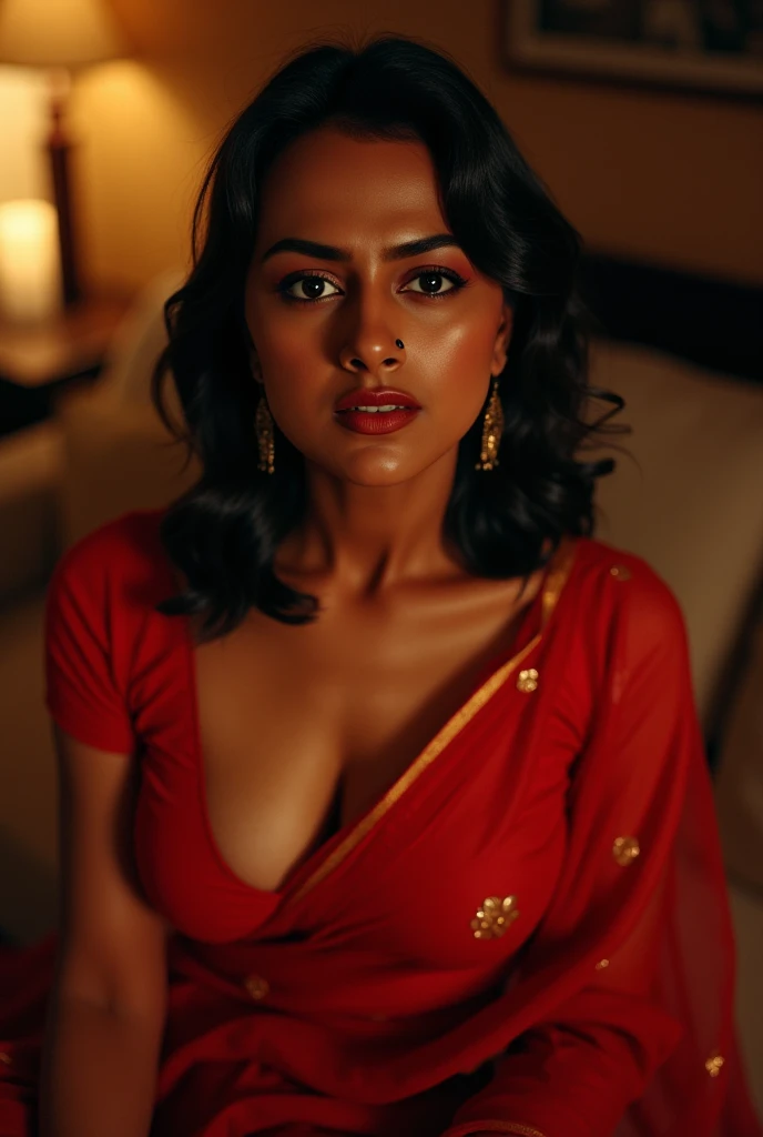a woman in a red sari posing for a picture, featured on instagram, seductive, angular, sensual, hot, sexy, juicy lips,