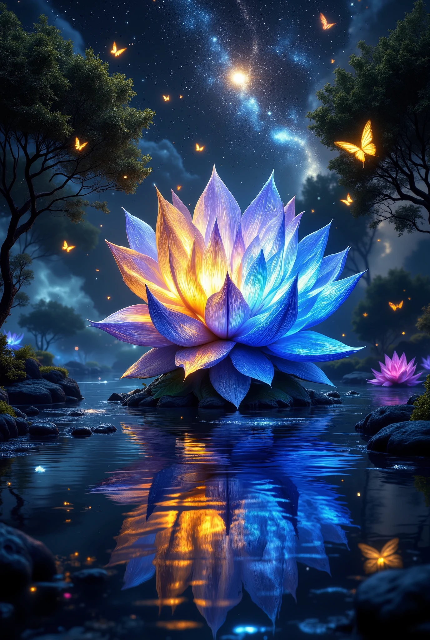 Beautiful Fantasy style , A bright flower with different shades of flowers, very beautiful , little stars , The beautiful Bright Sky, The flower grows surrounded by water that shows the sky, Trees Bend and The outlines of butterflies that fly and sparkle beautifully in the night are beautifully visible, Masterpiece , best quality, 8 k, max details, intricate details, high quality, Wonderful, Exactly, wallpaper,