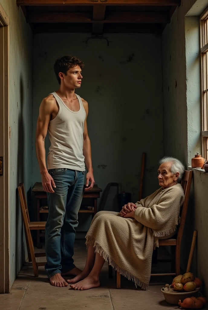 Young cute beautiful face skinny white man without shirt knitting clothes with a beautiful man grandmother on an old knitting machine