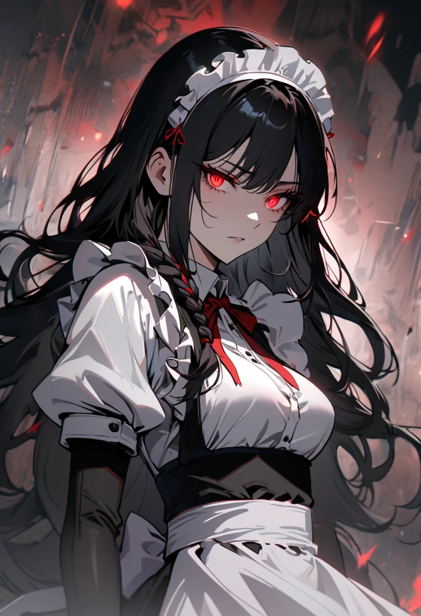 (solo), black hair, messy hair, mane hair, long hair, dense hair, wild hair, expressive hair, mature,(25 year old), pale skin, red eyes, ((woman)), maid,maid headdress,looking at viewer,apron, black dragon horns,, serious, black wings, beautiful, attractive, eye reflection, depth of field, thunder aura,cinematic lighting, ray tracing, depth of field, cinematic lighting, ray tracing, UHD, high details, best quality, highres, high quality, award winning, super detail, masterpiece, 8k, UHD, high details, best quality, highres, high quality, award winning, super detail, masterpiece, 8k, digital art, anime coloring, full body, body shot, good face, perfect face, detailed face, good eyes, sitting on a throne