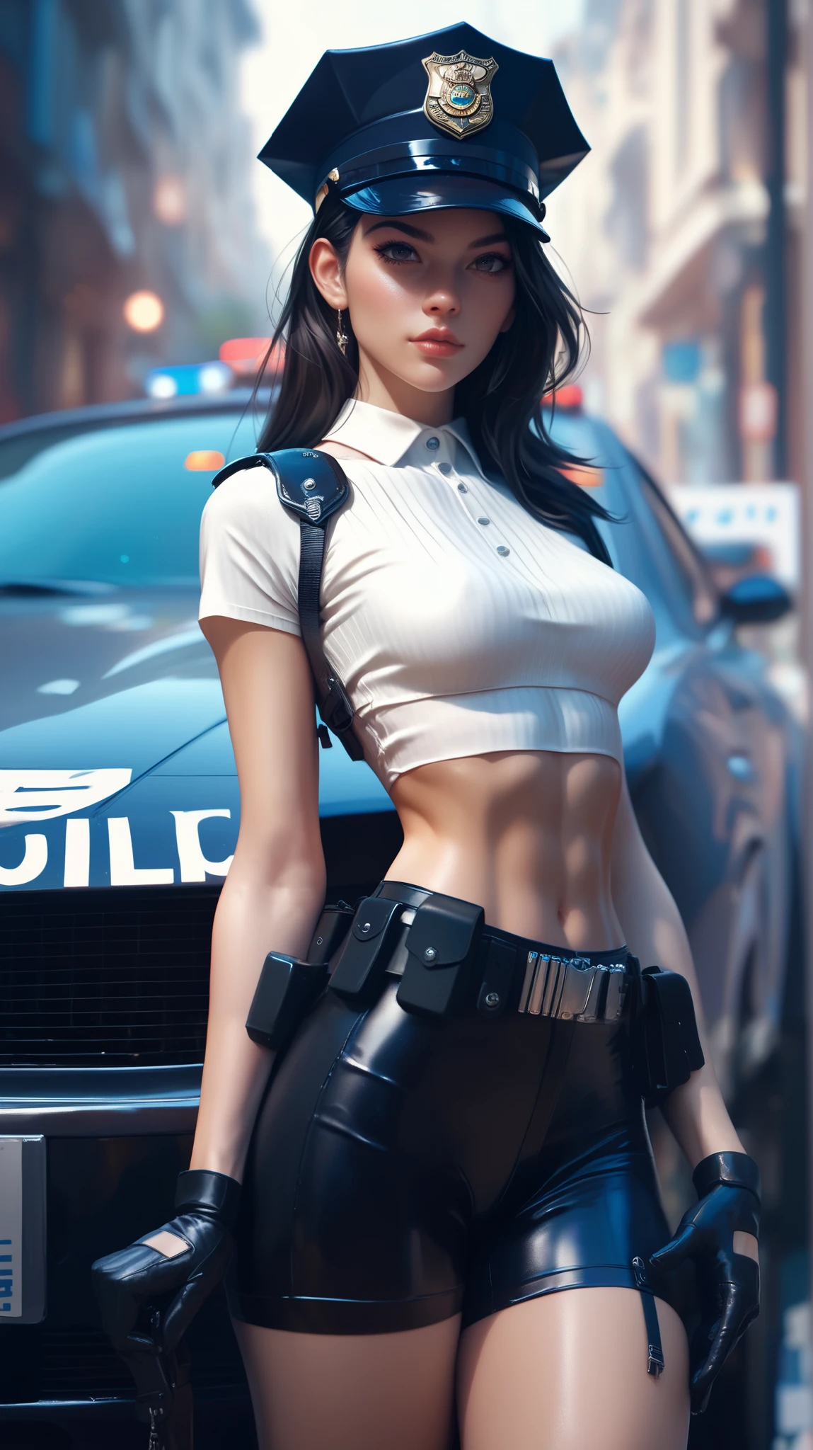 A young woman with long dark hair, wearing a police cap, tight white crop top, and black leather shorts. She has a confident pose, black gloves, and holsters, standing in front of a police vehicle in an urban setting with a blurred background.