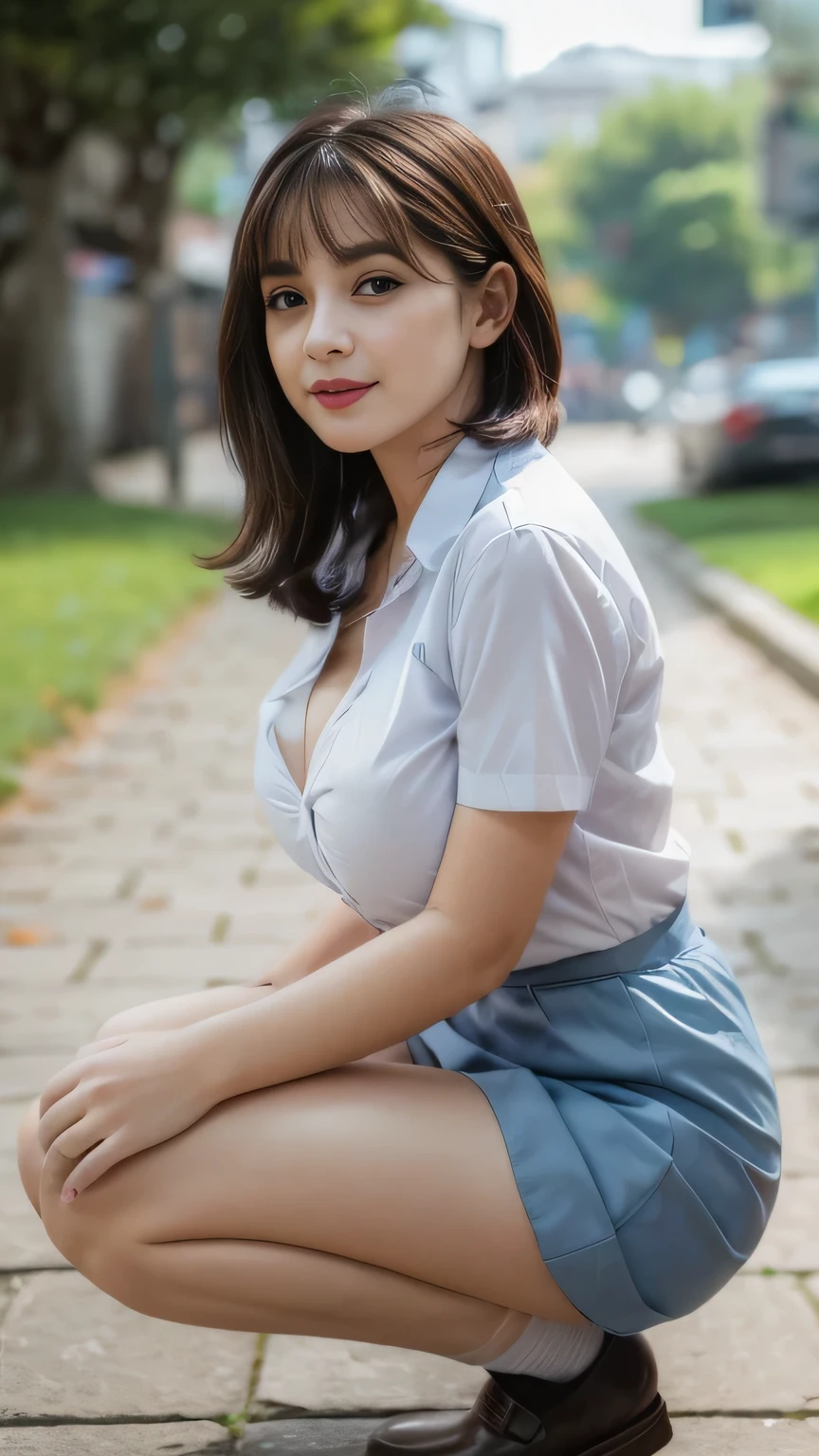 Masterpiece, Best Quality, Official Art, (Highly Detailed CG Unity 8k wallpaper), Detailed background, (Hands by Guido Daniele: 1.1), Feet out of frame, First Person View, 1, Attractive and Perfect Beautiful Woman, Schoolgirl, JK, Schoolgirl Uniform, Rainy Day, Lots of Rain, Windy, (Curvaceous), ( White Thighs: 1.12), (Brown Long Hair: 1.12), (Ahoge (1.13), (high ponytail: 1.12), (green eyes: 1.13), big, (cleavage), beautiful face, (blush: 1.11), (smile: 1.11)