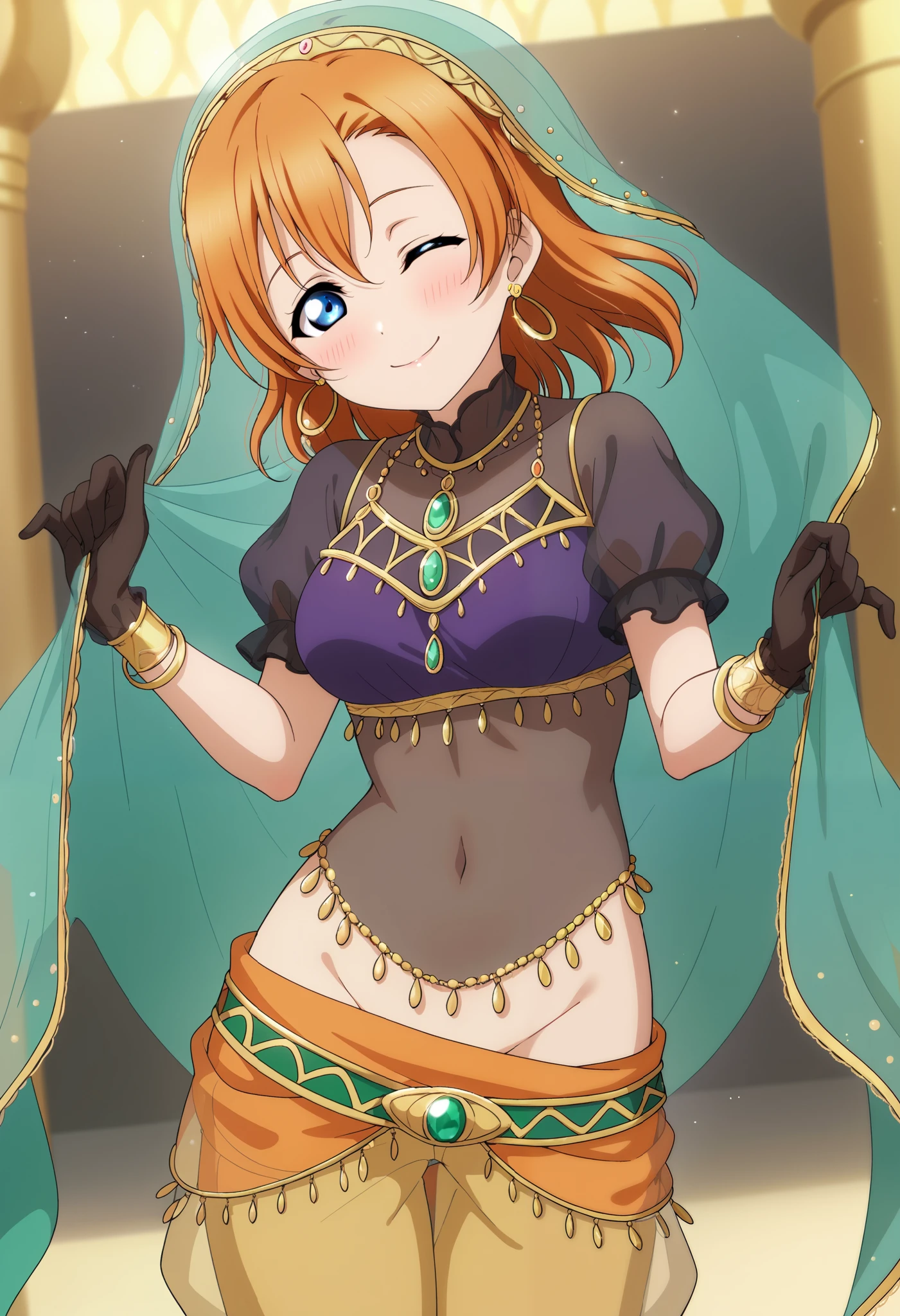 anime style, love live,kousaka honoka , love live, blue eyes, orange hair,earrings, (blushing) , standing, gentle expression. Wearing Arabian style clothes, green veil with golden ends, purple blouse, black bodysuit under clothes,green puffy sleeves golden cuff bracelet, gloves,golden skirt, seductive undressing , happy,see through Face cover, looking at viewer,covered navel,breasts,pants pulled down, stripping, nudity,wink