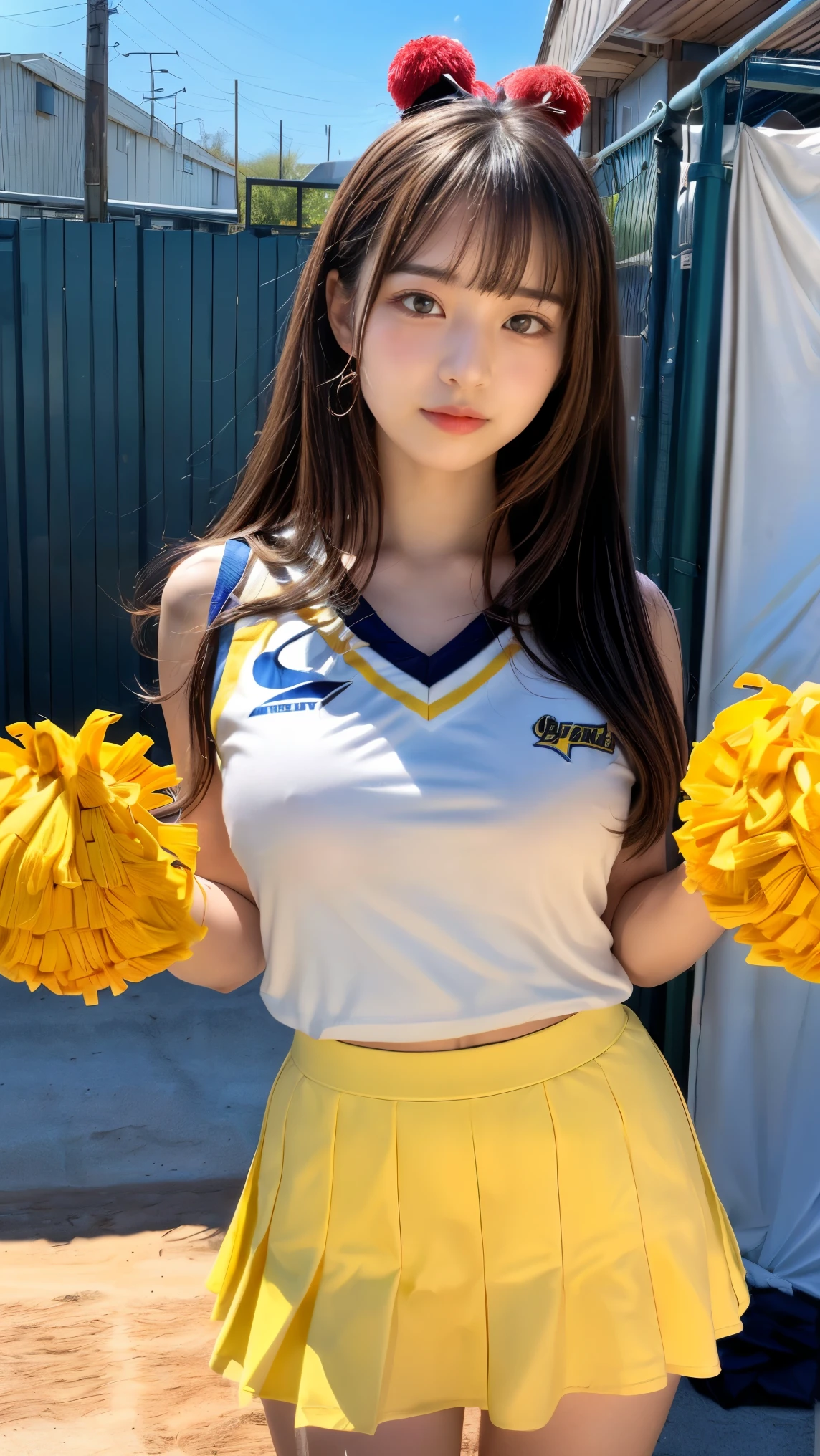 (Best Quality, master piece, Ultra high resolution, (Photorealsitic:1.4), Raw photo, extremely detailed), cowboy shot, dynamic pose, (1girl, 18-years-old, Japanese idol and the most popular cheerleader, dancing at school festival's stage, upturned ass), (wearing yellow Cheerleader's sleeveless shirt and yellow pleated mini skirt), Holding pom-poms in her both hands, amazingly cute smile, extremely cute face like a Japanese famous idol, detailed face, detailed hair, detailed body, detailed hands, detailed arms, detailed legs, detailed thighs, detailed toe