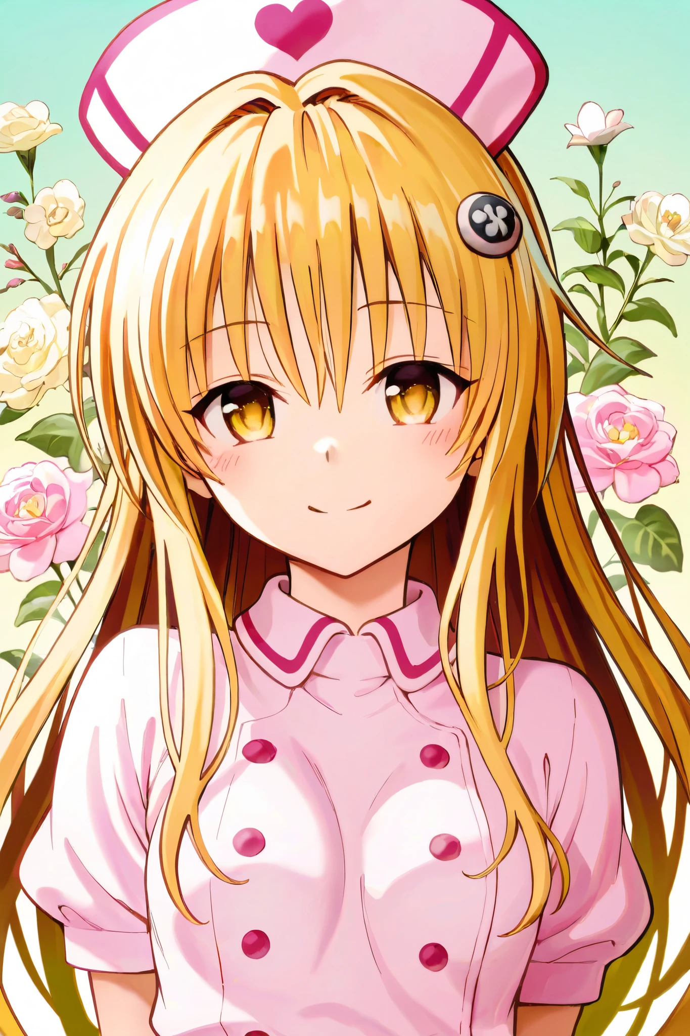 portrait, solo, 1girl, looking afar, smile, blush, medium breasts, day, Celosia \(flower\), floral background <lora:gyokai_himehajime_style_v01.10:1>