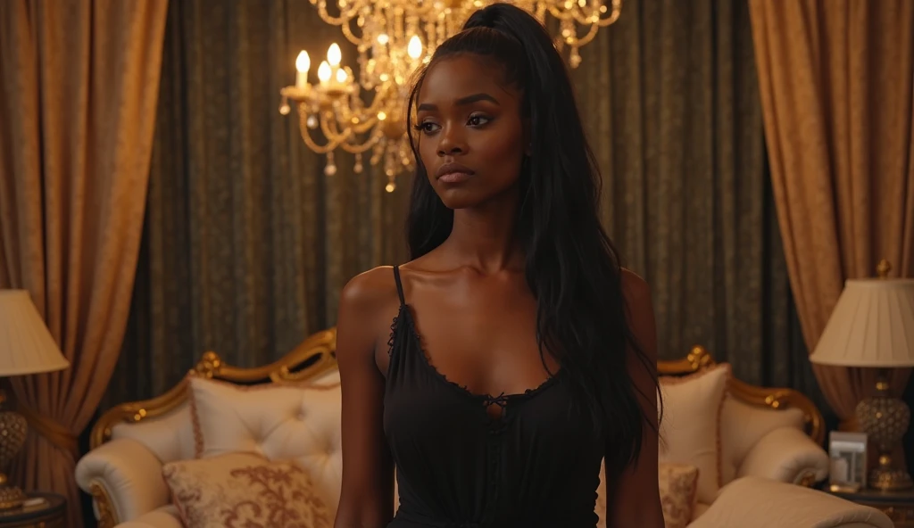 8k, RAW photo, best quality, ultra high resolution, photorealistic, realistic photo of skinny ebony girl princesost beautiful ebony girl in the world, skinny ebony girl, dark skin, black hair, dread locks hair), in the castle, (full body portrait), wearing princess dress, princess dress, wearing earrings, earrings, (wearing hair band), amber hair band, sexy pose, looking at viewer, smirking, (extremely detailed CG unity 8k wallpaper), Sharp focus, (bright light)