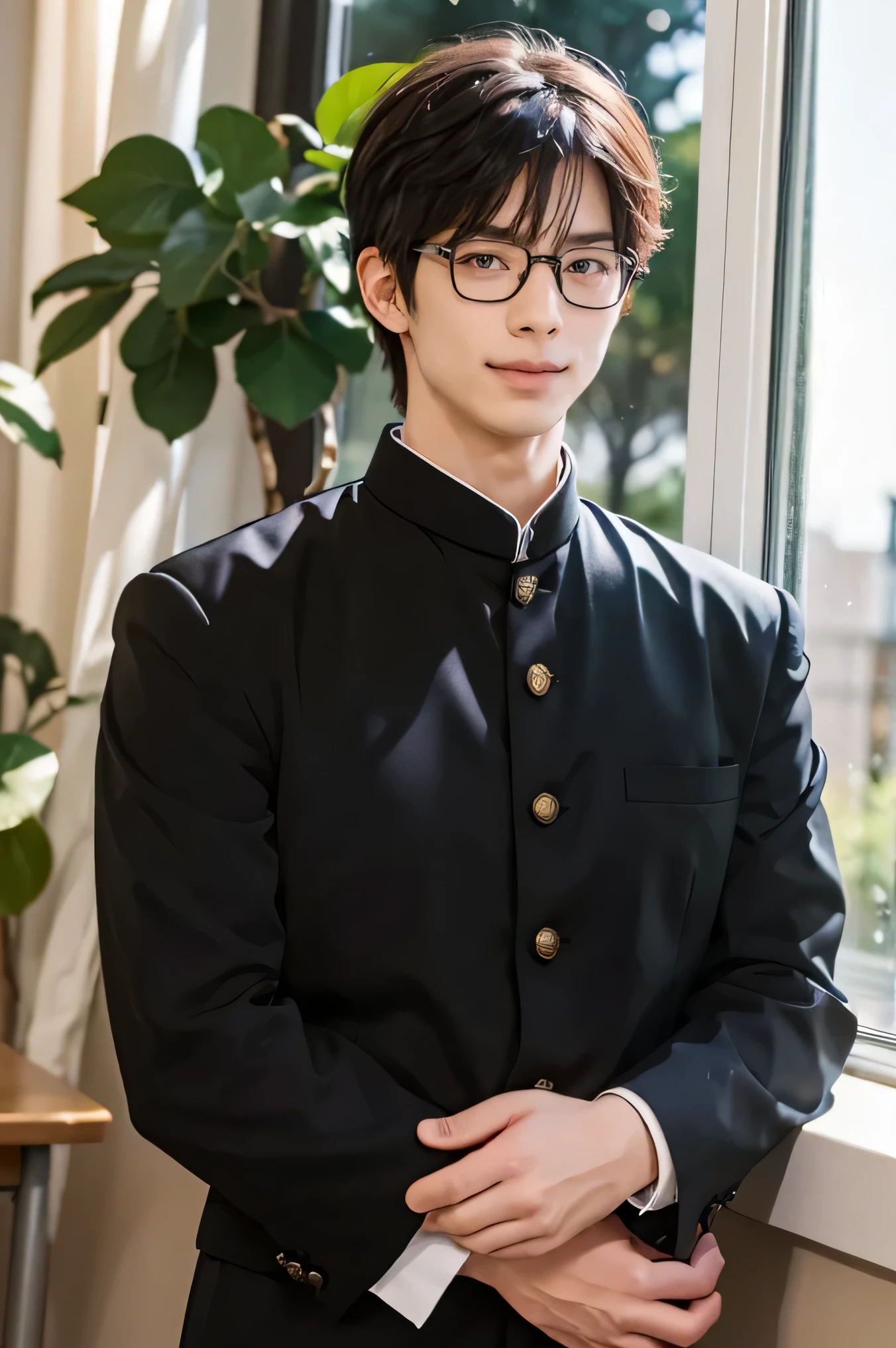 Japanese man handsome short dark-haired adult short cropped smile In the classroom window window windowの外は初春 There is only one cherry tree Black school run school uniform Black school run Shaved head Shaved head Shaved head Shaved head glasses