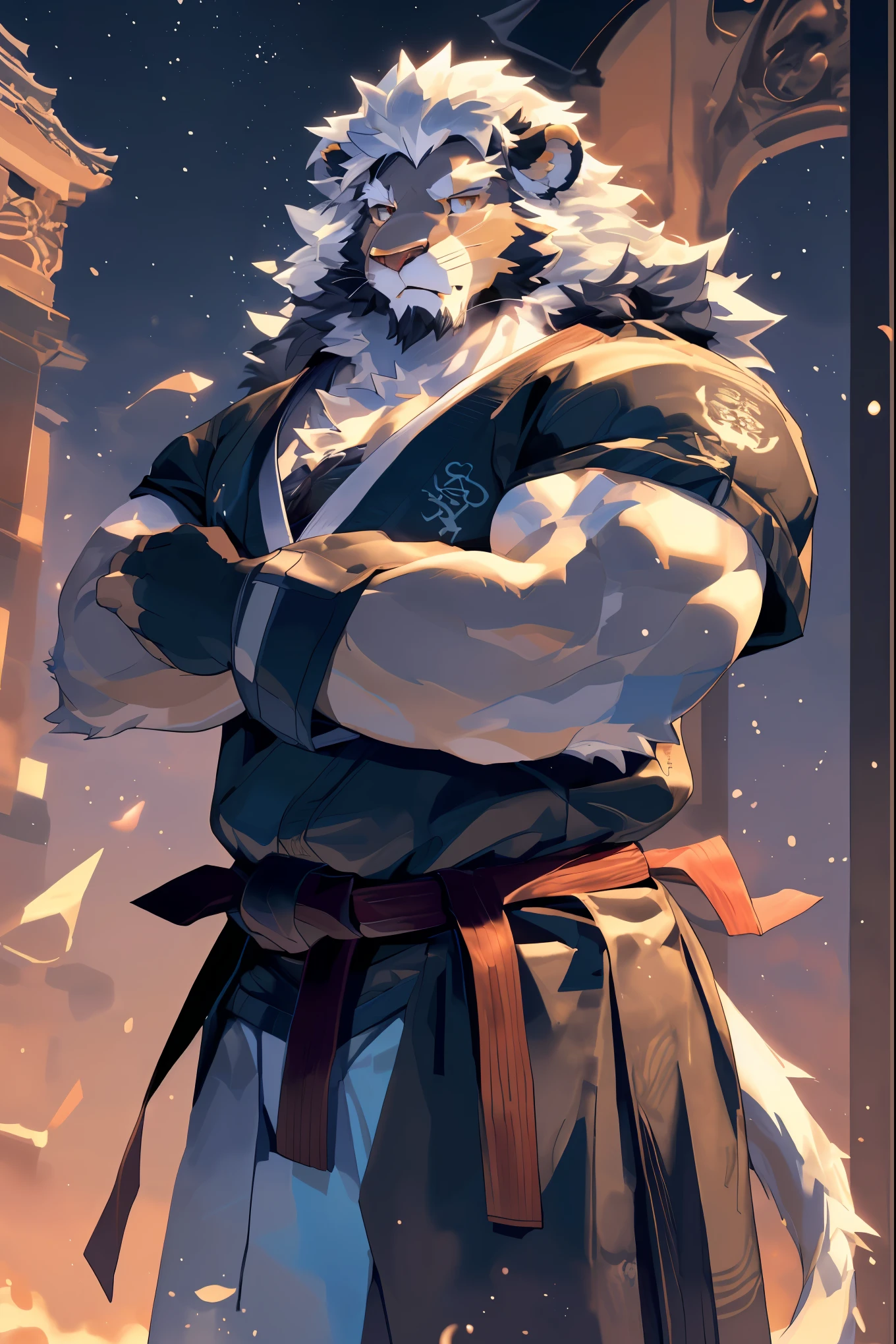(lion:1.3),(Black Night Clothes:1.4),(Great posture),( The background is the night eaves:1.5),(Abdominal muscles),heroic飒爽,完美的 masterpiece,各种facial details,close up,Specific description, masterpiece,(CG),(golden eyes),White pattern,White Tail,Military commander,heroic,lion,white fur,facial details,Half Body,(Long feathers),((middle aged)),( facial focus ),(16K),( HD),White belly,temple,beard,(Facial lines),(hetrochromia),(White hair:1.3),(Strong:1.2),( muscle:1.3),(high resolution:1.3),(close up),(Delicate Facial:1.5), perfect detail ,(Half Body),(facial details描写:1.5),(Zoom in on the face:1.5),(白色Facial lines:1.2),(白色beard:1.6),(white face:1.6),( white body ),( White Skin:1.3),( white cheeks :1.5),( with pale skin :1.3),CG,( smell of quack :1.3),(Martial Arts:1.5),(knight:1.5),( detailed background:1.5),( white mane :1.3),Starry sky in the middle of the night , front view