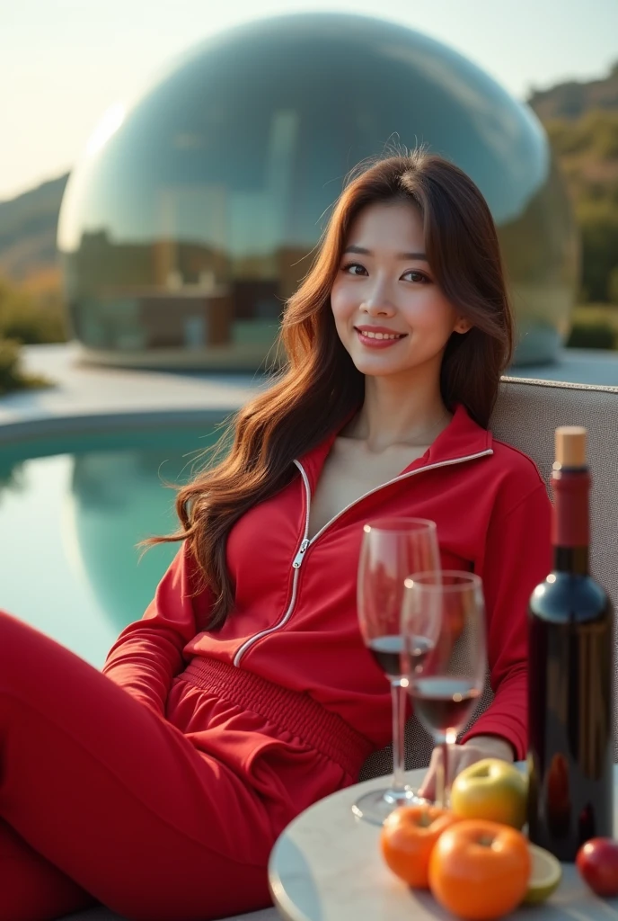 . A  woman with long, flowing red- fire orange hair stands with cutesy smile and playful tease look in front of moonlit extension over her private pool. She wears a fashionable open blazer, emphasizing her elegance and endowed body proportions and wash board abs. Blazer is black and she is wearing a hakama pants , which battle damaged torn like japanese anime characters.