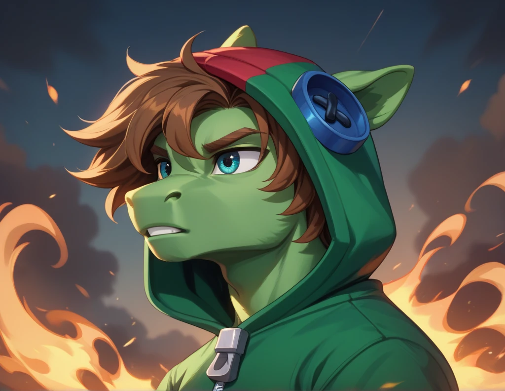 1 male Leon.. Green hoodie. Coverdes eyes. Brown hair. Very muscular body. high resolution,