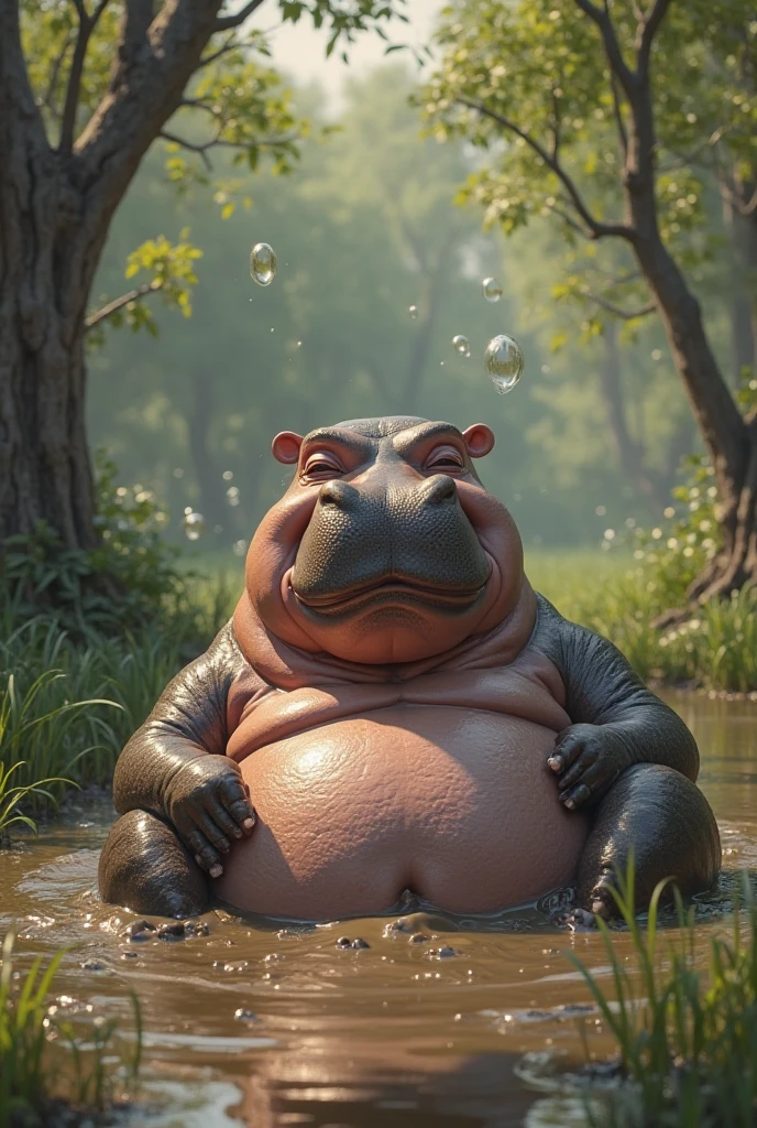 (Obese, Overweight, male, anthro, hippo), nude, fundoshi, big bulge, neon green eyes, by shiuk, forest by a lake, reflections dancing on the water surface, mysterious ambiance, long exposure photography, ultra fine details, octane rendering.