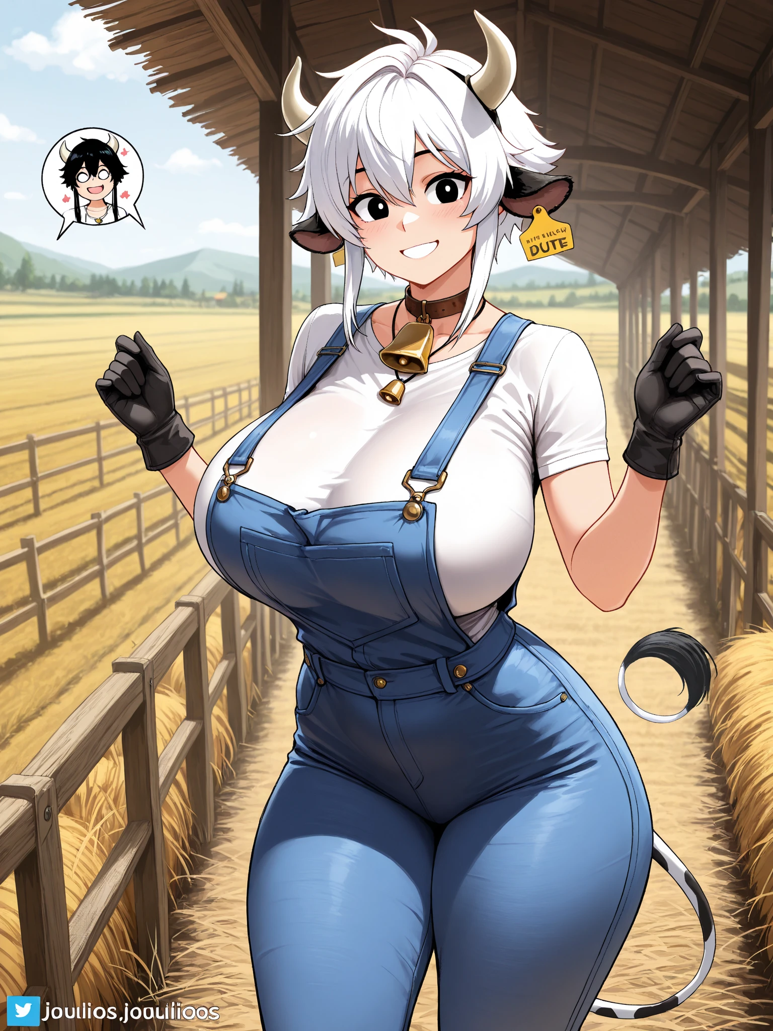 ((Best Quality)), ((masterpiece)), (detailed), 1 girl, short white hair, black locks, black eyes, cow ears, cow horns, big breasts, big thighs, cow tail, expression smiling, long tight blue dungarees pants, White T-shirt, bell necklace, short black gloves, In a farm