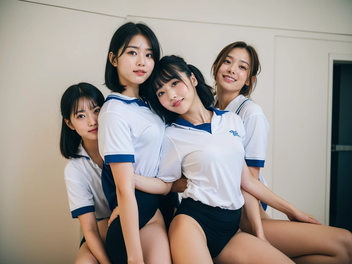 Five Girls、Five people laughing happily、Everyone has a beautiful face, Down to the last detail, Like an idol.:1.7、Sexy blonde、(masterpiece:1.2), (Highest quality:1.2), Heavy makeup、(Very detailed:1.2)(Very detailed), (Wearing tennis wear:1.4), Burmese Navy, A radiant smile、The three of them look full of energy and having fun..、Very good、White tight T-shirt, Tennis tournament in the schoolyard:1.3、Beautiful woman
