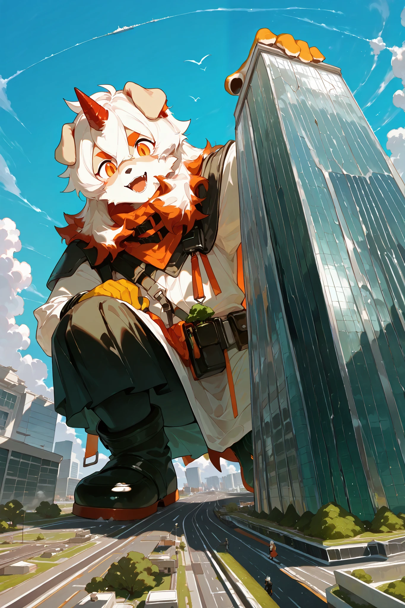 score_9, score_8_up, score_7_up, score_6_up, furry, anthro, solo, hung, perro, arknights, two-tone fur, medium hair, white hair, single horn, orange eyes,(macro size: 1.6), (a giant furry hung in a fantasy town: 1.1), describe image of a giant hung doing something in a fantasy town,