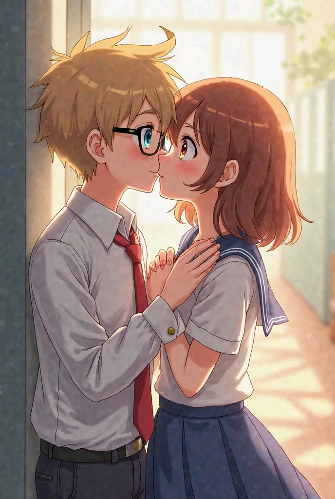 1 boy, 1 girl, kissing in class, both 13, everyone looking, girl has short brown hair, boy has glasses and dirty blonde hair,