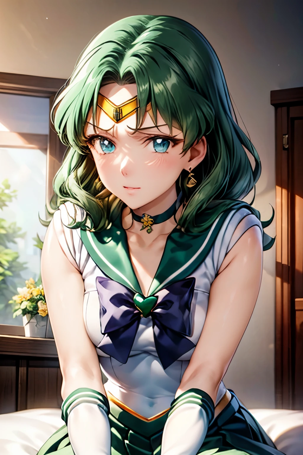 (Masterpiece:1.2), t-shirt, High resolution, unit wallpaper 8k, ( illustration:0.8), ( beautiful detailed face:1.2, beautiful detailed eyes:1.2), perfect lighting, CG, (perfect hands POV, perfect anatomy),
beautiful, beautiful, friendly lady , Shiny hair, shiny skin, beautiful light big eyes,
mother and daughter, Married woman , rhythm With a gentle appearance and a gentle motherly environment,
Feminine style, beautiful kubire, beautiful, naughty face,
Neptune_a, dark green hair, Medium Hair, aqua eyes, little circle, joyería, earrings, choker, sailor senshi uniform, Green sailor collar, chest bow, arc backwards, pleated skirt , green skirt , white elbow gloves,