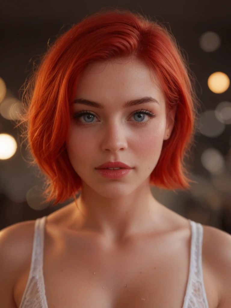 cleavage, (sharp focus:1.2), portrait, ((posing)), (beautiful face:1.1), detailed eyes, luscious lips, ((skindentation)), (bright studio lighting:1.2), portrait of woman by Flora Borsi, style by Flora Borsi, bold, bright colours, orange Mohawk haircut, ((Flora Borsi))