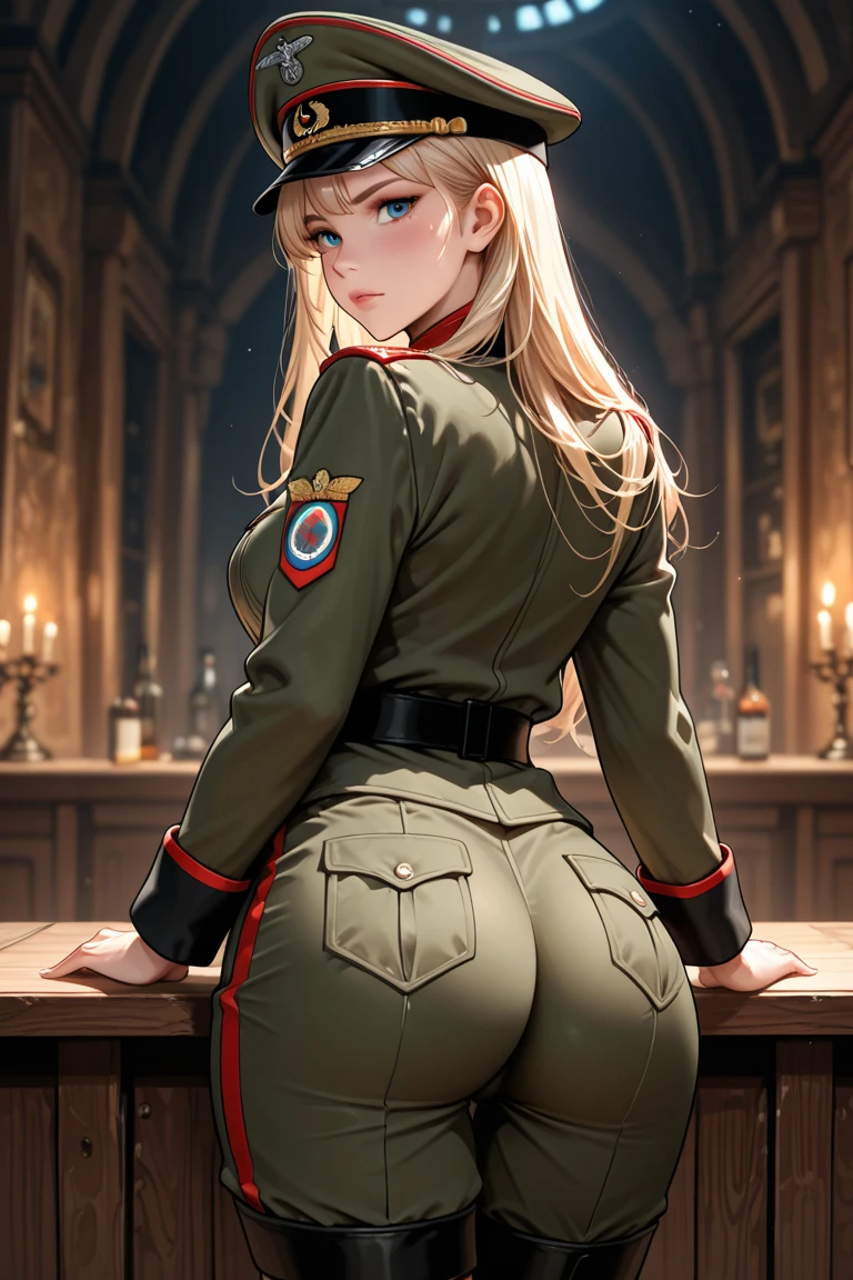 girl, blonde, kneeling, blowjob, blushing, angry, uniform, cap, boots, black cock, cartoon