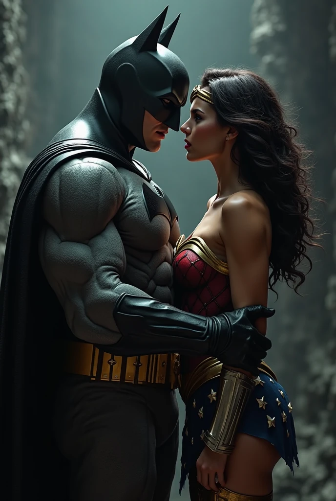 Wonder Woman is showing her vagina to Batman and asking him to lick her vagina, he is inserting his fingers in her vagina under her skirt, he is fingering her, she is in ecstasy,