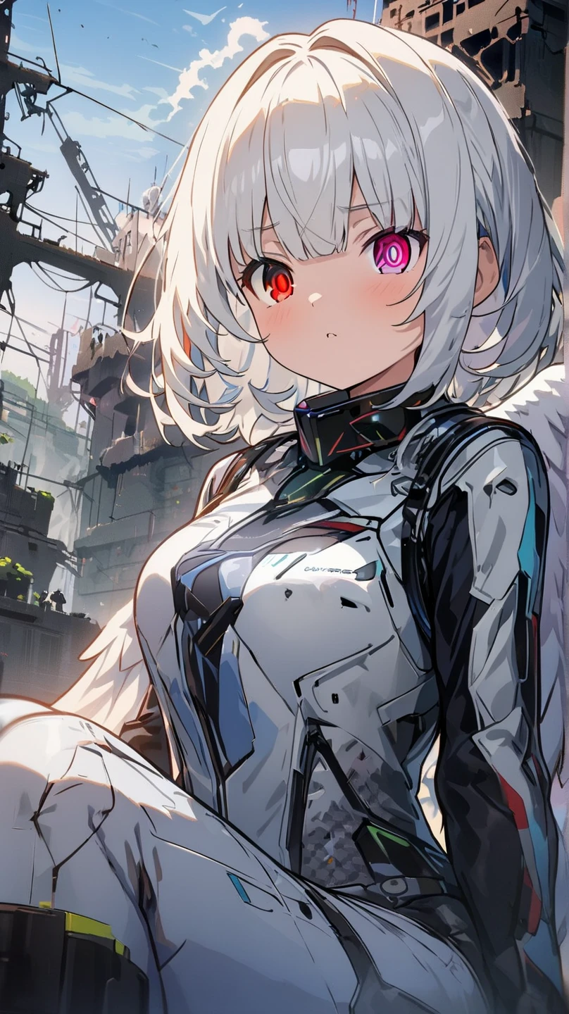 Anime characters with white and red hair and black jackets, Kantai collection style, kancolle, konpeki no kantai, from girls frontline, Biomechanical OPPAI, small curvaceous loli, ryuko matoi, azur lane style, twintails white_mitts, attractive matoi ryuko, Female protagonist 👀 :8, android heroine，Breasts large enough to be exposed，ripped clothing，Exposed flesh，giantess art，There is a villain in the palm of his hand