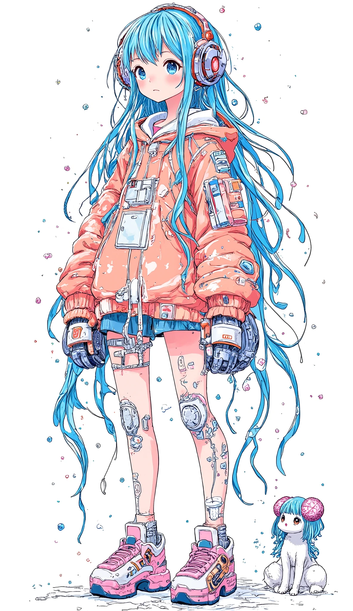 mecha art、ultra detailed、pastel art、girl、background is stark white、on3pi3c3styl3、ground、pastel collar、Easy-to-read illustrations、detailed hands、 Details、Perfect piece、high quality、32K、Alone、alone、(full body:1.8)、detailed illustration、Fine Lines、Portrait Photos、 hero 