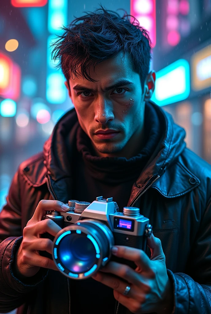 "Change background to a futuristic cyberpunk setting with a handsome boy, featuring a realistic face in ultra high-resolution 8k."