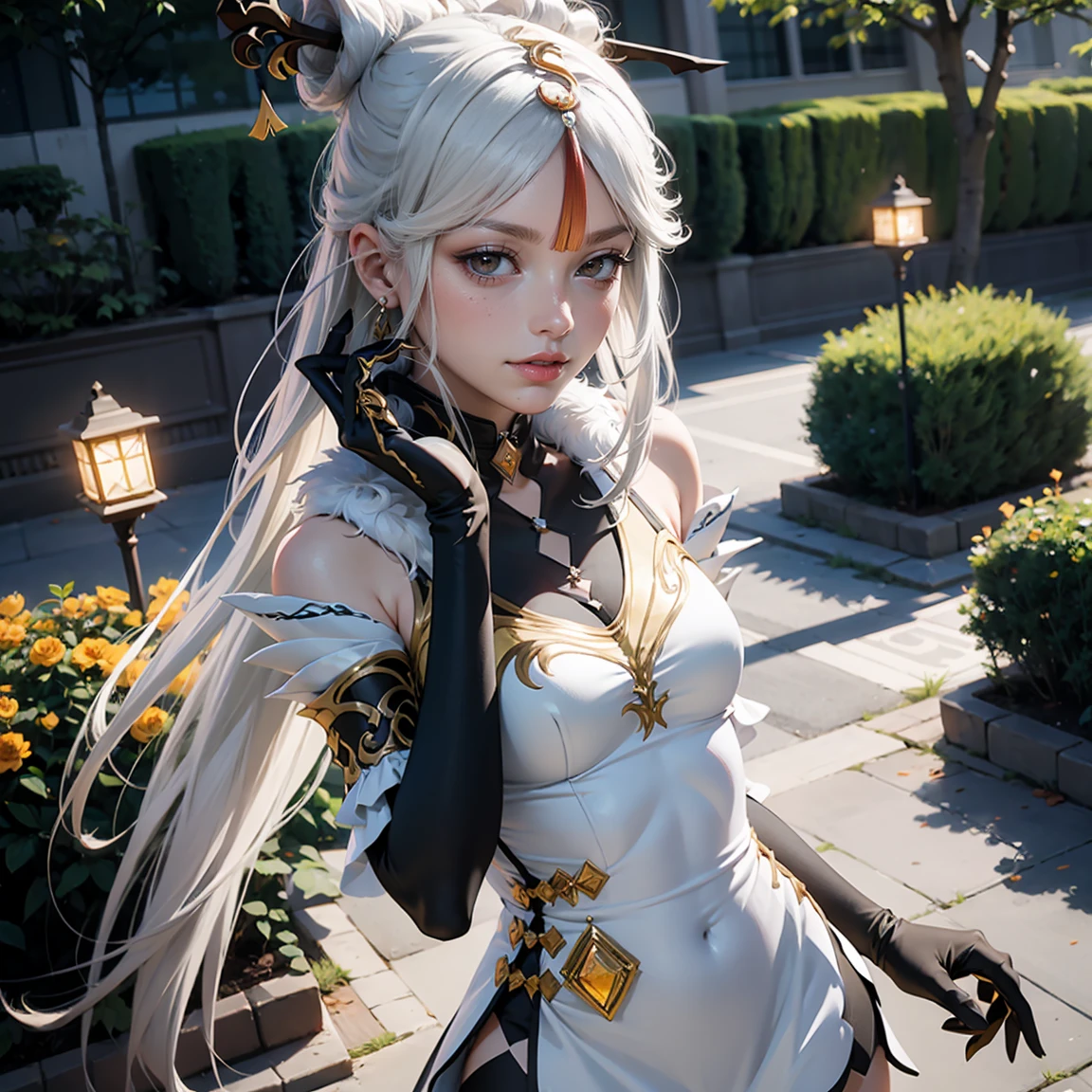 Shen_he_(genshin_impact), 1girl, (black bodysuit), (hair ornament), white hair, (braid ponytail), black sleeves, breasts curtain, jewelry, hip vent, shoulder cutout, navel, sandals,((Girl lying in the pool))、She gently lifted her skirt with one hand,Make gentle and playful gestures,((Lots of flowers瓣)), Lots of flowers,Lots of scattered petals,Cherry tree,Petals are flying all over the sky,A beautiful and charming woman, Elegantly, Her plump breasts are on display.,Visible cleavage,Beautiful natural legs,Sexy long legs,Various slim and lovely beauties, Her long hair cascades down like a waterfall。She smiled brightly,Eyes sparkling,Her skin is flawless。Her curves are highlighted。Shine in the light,The color is pastel,She lay confidently,One hand on hip,Her posture is both graceful and strong.。She wore elegant high heels,It matches her outfit very well。In the warm golden sun。The overall mood of the picture is tranquil and uplifting,Emphasis on natural beauty and elegance, Studio Lighting,Vibrant colors, Cute girl, sweet smile, cosmetic,Shy,blush,Open your mouth,Heavy breathing,moan,超realism,realism,Movie Lighting,comfort,Sony FE GM,Retina,masterpiece,precise,Anatomically correct,Textured Skin,Super Detail,High Detail,best quality,Colorful