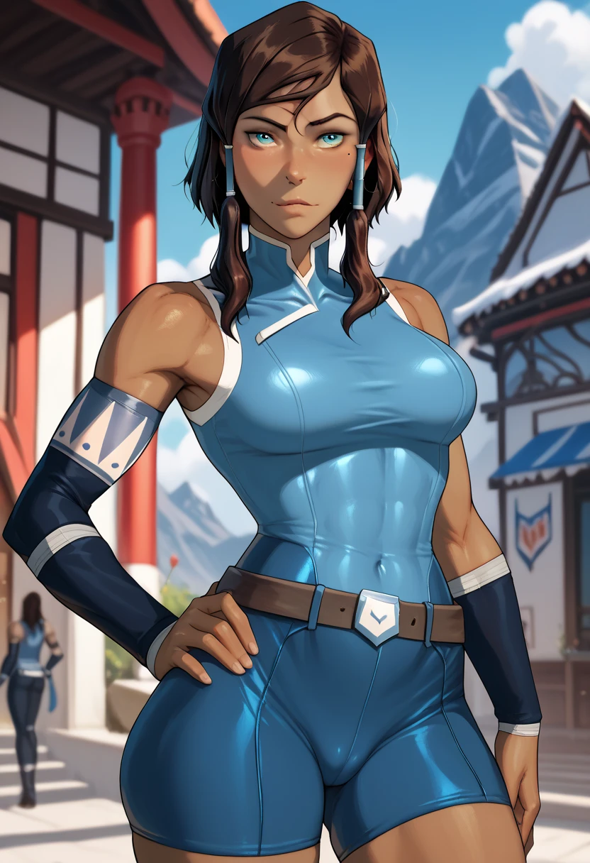 ((masterpiece,best quality)), absurdres,
korra, long hair, black hair, bare shoulders, medium breasts, ponytail, hand on hip, hair tubes, armlet, vambraces, topknot, 
solo, smile, looking at viewer, cowboy shot, ,