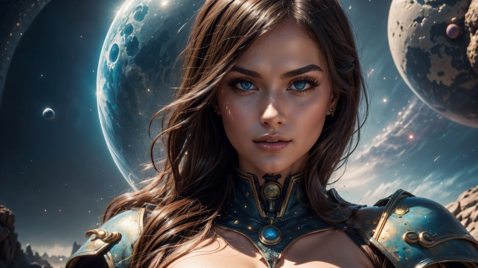 Greek temple,teens girl,Large breasts,Heavy armor,complex patterns,dynamicposes,dramatics,A high resolution,photorealestic,best qualityer,Starcloud,galactic,magia,half-body shots