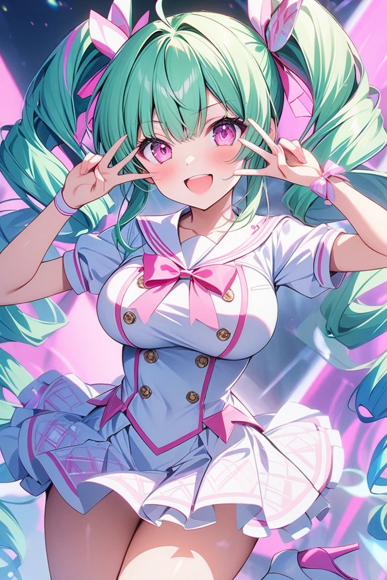 Hatsune Miku, cameltoe, blush, cleavage,glowing aura, natural light, masterpiece,  glossy skin, juicy lips ,long hair, cute, kawaii, adorable, reaching up, adult, cuddle, kawaii clothes,random hair style,sexy, hot, , random expression, blonde hair, ((pink highlights in hair)), pink eyes, purple bunny ears, bonfie, smirk, glasses, pigtails and braids, cleavage, bright pink eyes, ((from below))), evil, latex, hand reaching towards viewer, hand out, arm our, puckered lips, juicy lips, biting lips,?????, hour glass, bindage, ((furry))