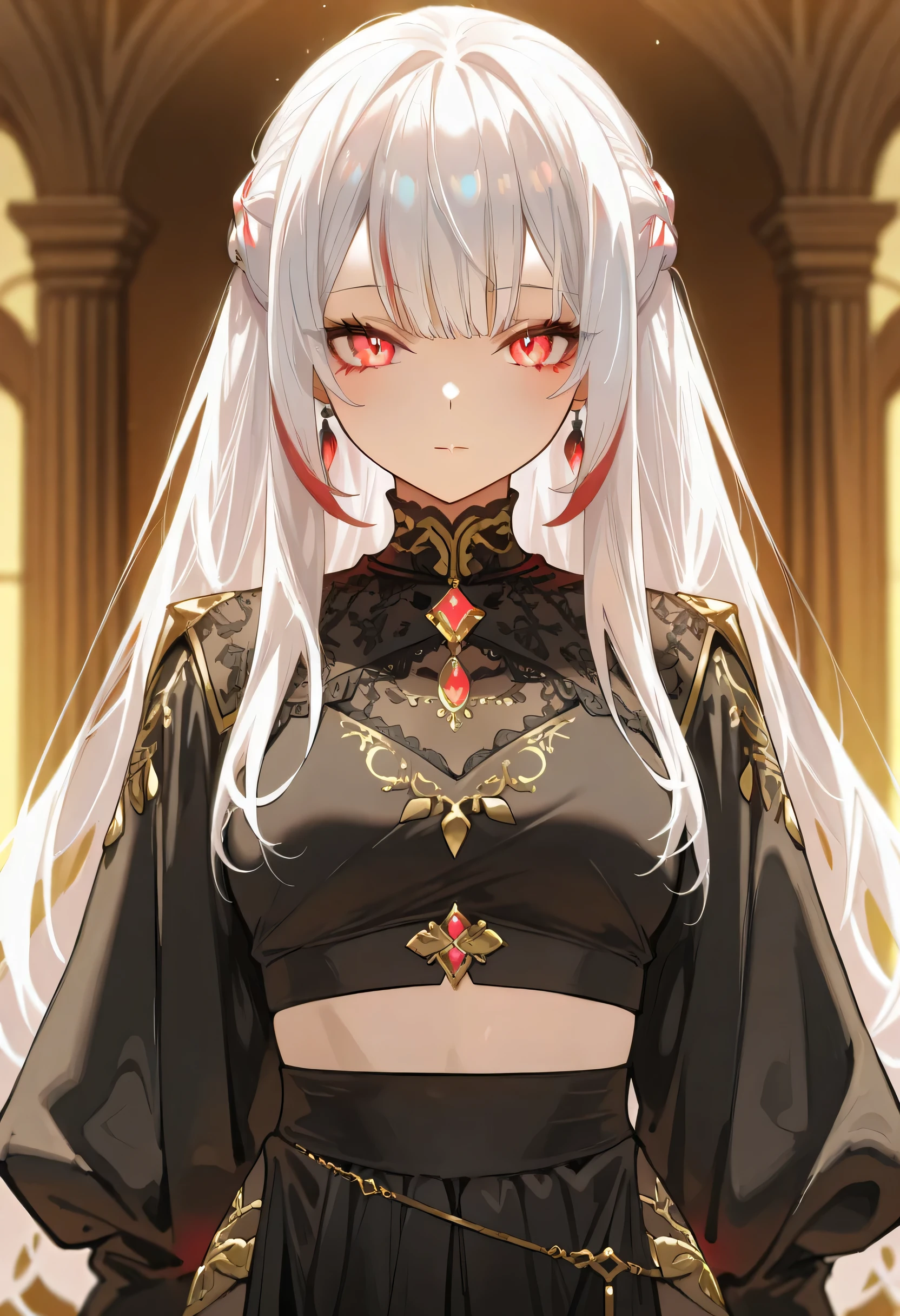SagawaStyle, aruhshura, masterpiece, best quality, amazing quality, anime screencap, white hair with red highlights, intricate accessories, midriff-baring outfit, stylish fashion, fantasy aesthetics, detailed jewelry, glowing ornaments, unique hairstyle, elegant yet bold appearance, anime style, dynamic lighting