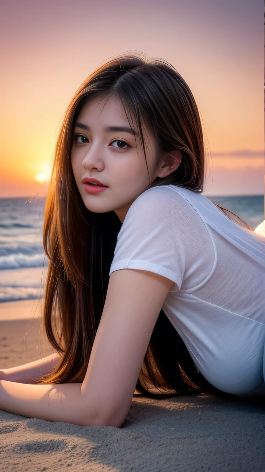 A perfect young female,Chinese,(masterpiece:1.3), (8k, photorealistic, RAW photo, best quality: 1.4), gravure photography, (sunset need, 8K, master piece:1.3)), ((beautiful 1 woman)) , slim abs:1.1, (( brown wavy hair, Big cities:1.2 )), ,( oversize t-shirt ), posing, towards the camera:1.2,), ((Ocean,:1.3)), Highly detailed face and skin texture, detailed eye, double eyelid