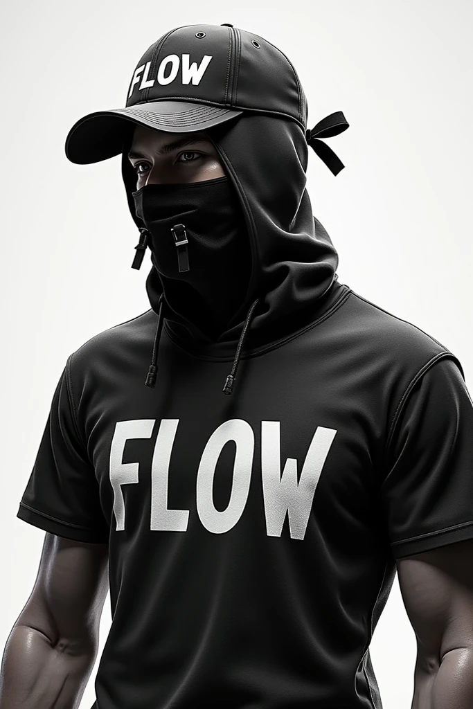 A young man wearing a long black hooded sweatshirt and a balaclava,on the shirt it says TG and below the number 7,And on the balaclava the word ULTIMATE.