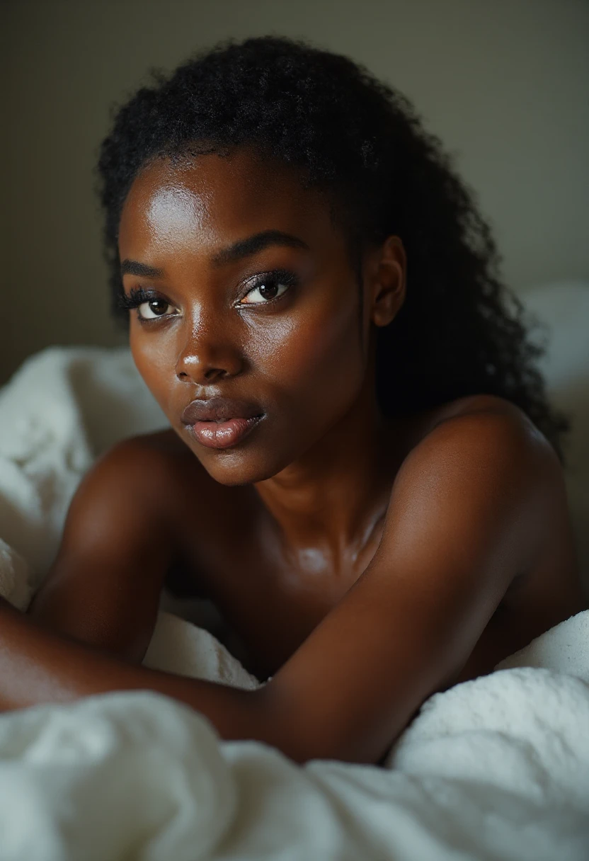 Young woman, beautiful, Young, dark skin, African, the skin is not very black, a little light, Mixture, Mix, perfect curls, nose button, freckles, Blue eyes, perfect body, perfect face, ideal figure, thin thin waist, Plump lips, pink lips, feminine shoulders, fragile shoulders, breast size 3, Without clothing, lying in bed, naked, smiling, Eyes in love, almond eyes