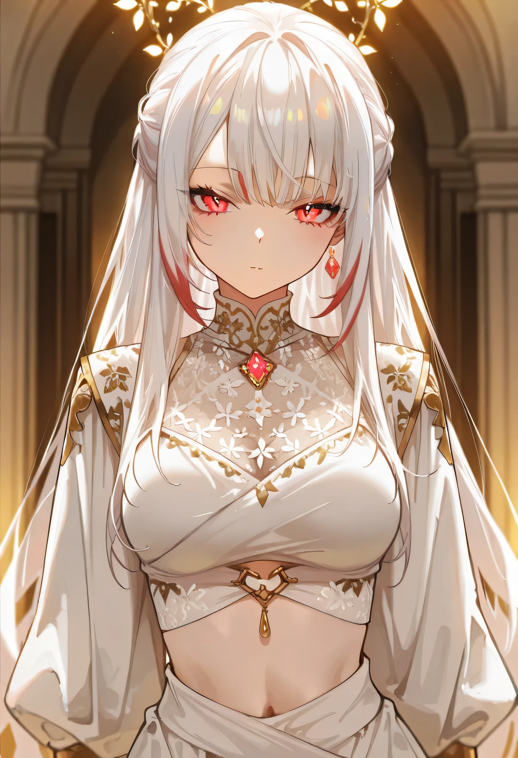 SagawaStyle, aruhshura, masterpiece, best quality, amazing quality, anime screencap, white hair with red highlights, intricate accessories, midriff-baring outfit, stylish fashion, fantasy aesthetics, detailed jewelry, glowing ornaments, unique hairstyle, elegant yet bold appearance, anime style, dynamic lighting