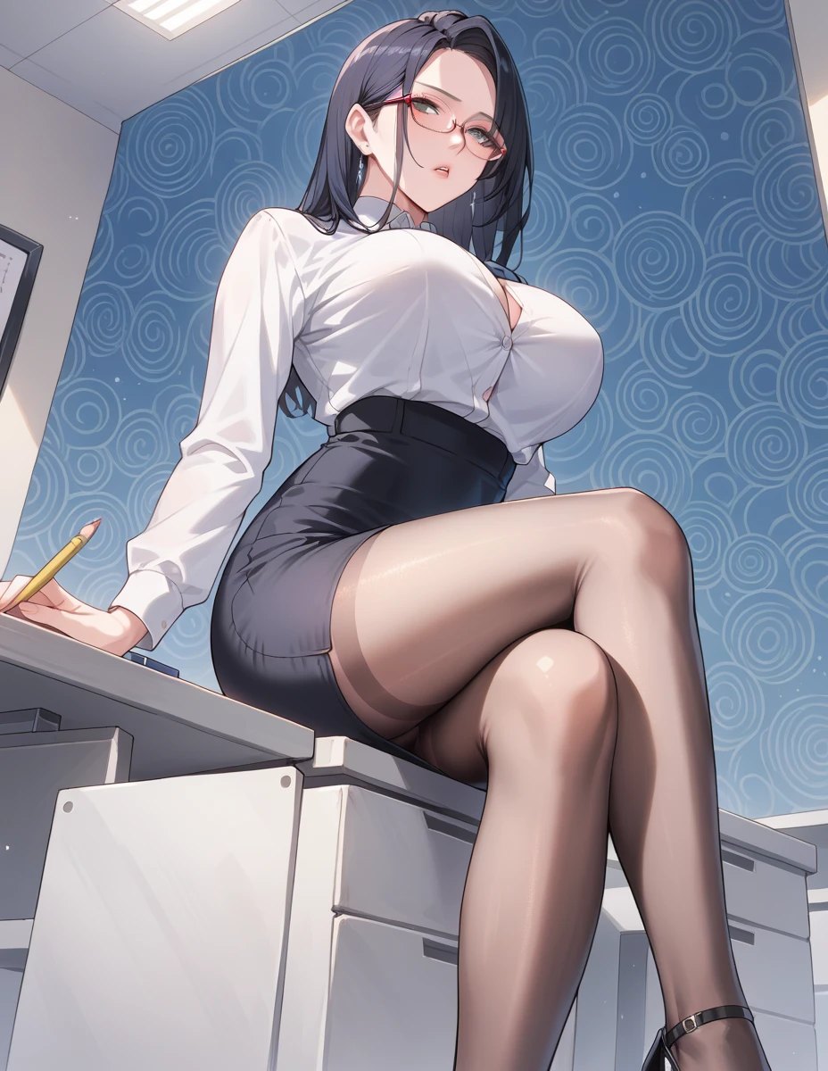Show entire body, 13 year old Asian female, perfect fit body, 6 pack abs, huge beasts, happy face, slightly grey hair, wearing cut off button down shirt, tight skirt, underboob, glasses, pantyhose, sitting in on conference be table