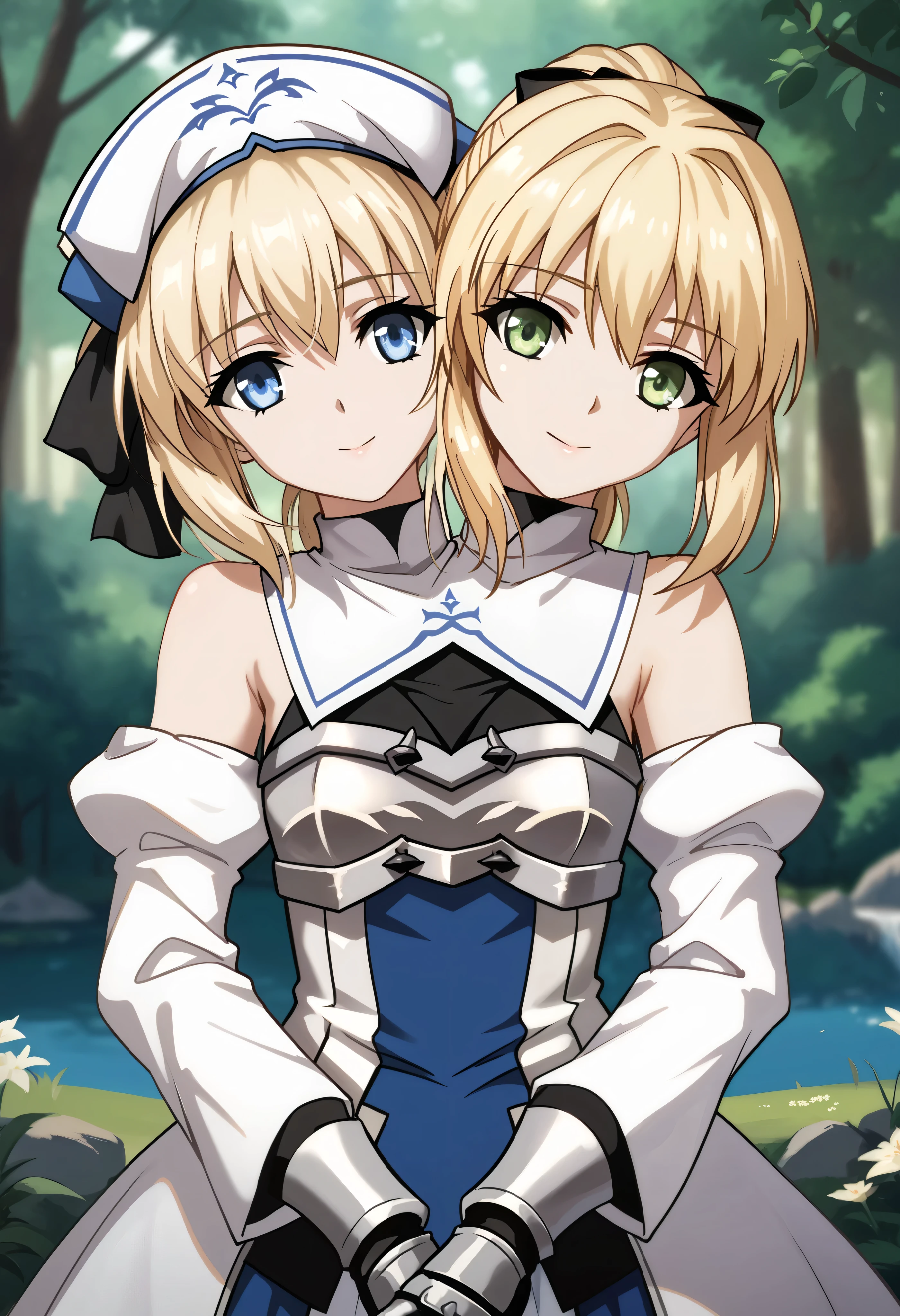 2heads, twoheads, a tall thin woman with 2 heads, conjoined, 2girls, blonde hair, blue eyes, green eyes, priestess, priestess-shirt, priestess \(goblin slayer!\), headwear, white dress, frilled sleeves, saber lily, artoria pendragon (fate), turtleneck, white dress, breastplate, armored dress, bare shoulders, detached sleeves, long sleeves, gauntlets, faulds, long dress, white thighhighs, front shots, forest, upper body
