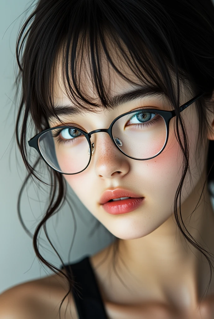 ((Best Quality)), ((傑Best Quality、masterpiece、High sensitivity、Hi-Res、detailed description、Delicate Face Depiction))Slender Woman、glasses、thin eyebrows、Cat Eyes、Close-up of the eyes、