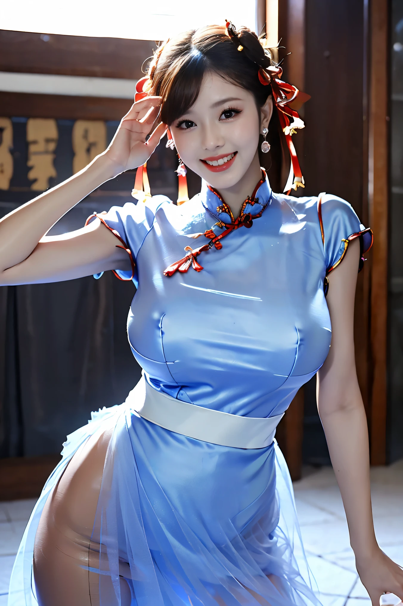 full body,(((Clothing material is tulle))),(cheongsam),((laugh heartily)),((Beautiful Shaped Huge Tits)),(Clean Smooth Body Skin:1.5), ( Extremely Delicate ), (Top), (best shade), Bright Lights in the Room , Ultra HD Texture Ultra HD Clarity, 16k, 1080P.