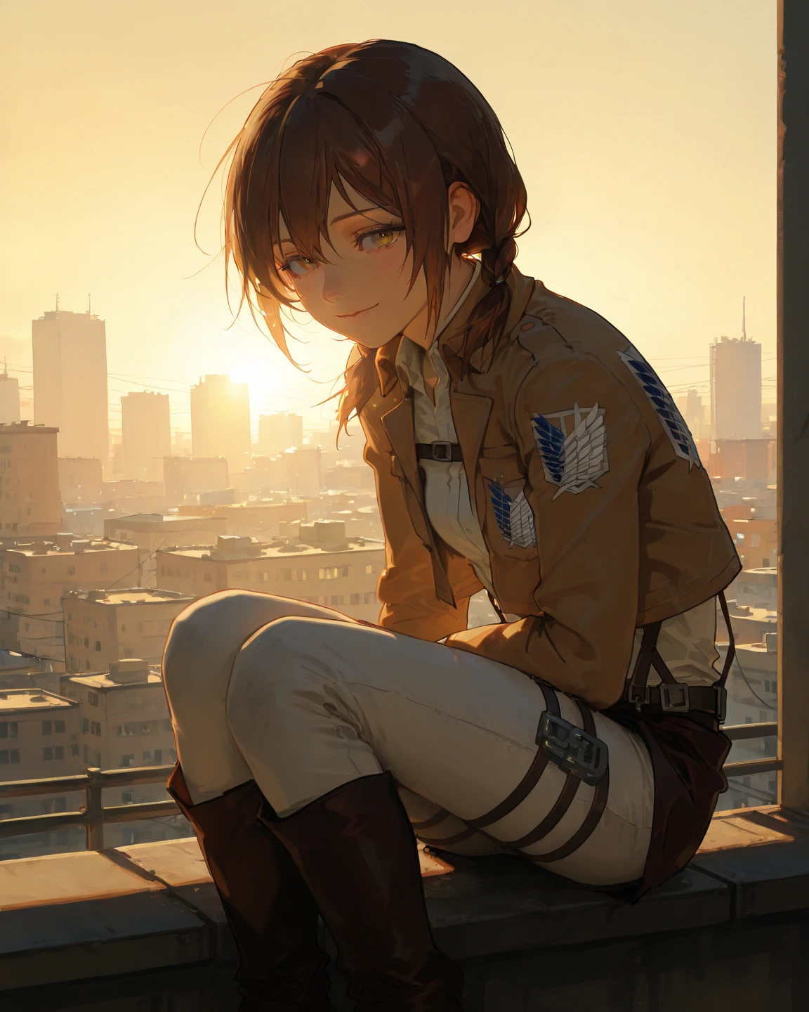 1girl, two braids, brown hair, cute, smile, attack on titan, outfit