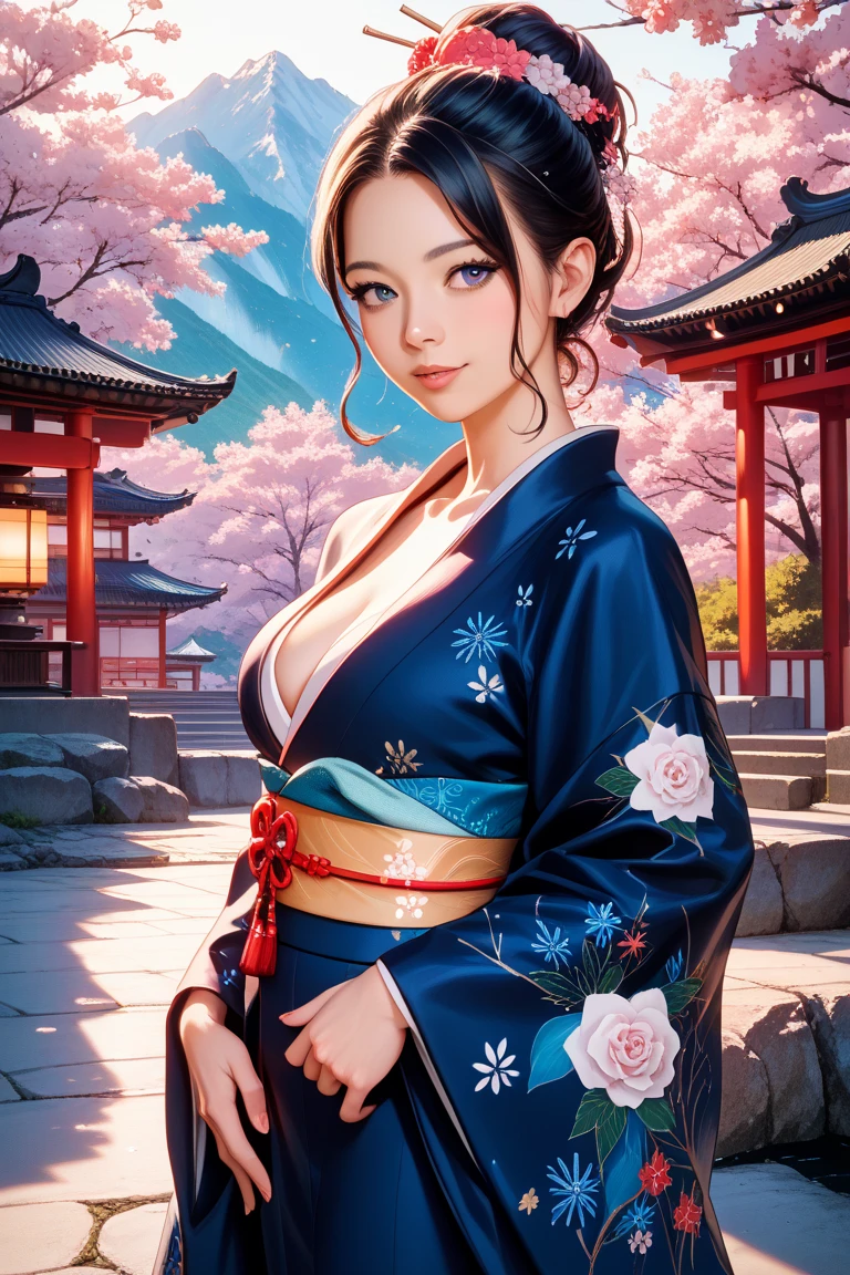 ((Highest quality)), ((masterpiece)), ((Realistic)), Standing in a tranquil Japanese garden with cherry blossoms at eye level、A girl with perfect beauty, Scenic, masterpiece, (High resolution), original, extremely detailed 8K , (photoRealistic:1.4),Perfect Face, Perfect Eyes,Symmetrical body type,smile,
