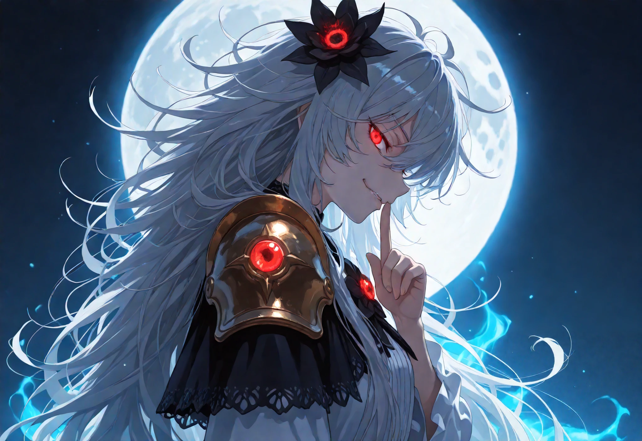 (solo:1.7), detailxl, Anime illustration, detailed anime artstyle, cinematic, volumetric lighting, clear sky, evening, cold light, colorful, light reflection, (head tilt, looking over her shoulder, teasing, lidded eyes, sultry, (side shot, side profile, from the side:1.1):1.5), glaring at viewer, side eye, front, upper body shot, fotoshoot, model, (1girl:0.98), young, adolescent, detailed skin, extremely detailed eyes, dynamic pose, crimson eyes, glowing eyes, (very long hair, messy hair, wild hair, hair in front of eye:1.2), flower brooch in her hair, auralora cosmic flowers, aura flowers, finger on her lips, shushing, shush, crazy eyes, soft smirk, black flower, blue glow, blue aura, moon, lunar power, closed mouth, (white hair, gray hair, shining hair:1.1), crazy smile, crazy laugh, (tsurime:1.3), (white french dress:1.1), asymmetrical black magical mage shoulder armor, capelet, ornate dress
