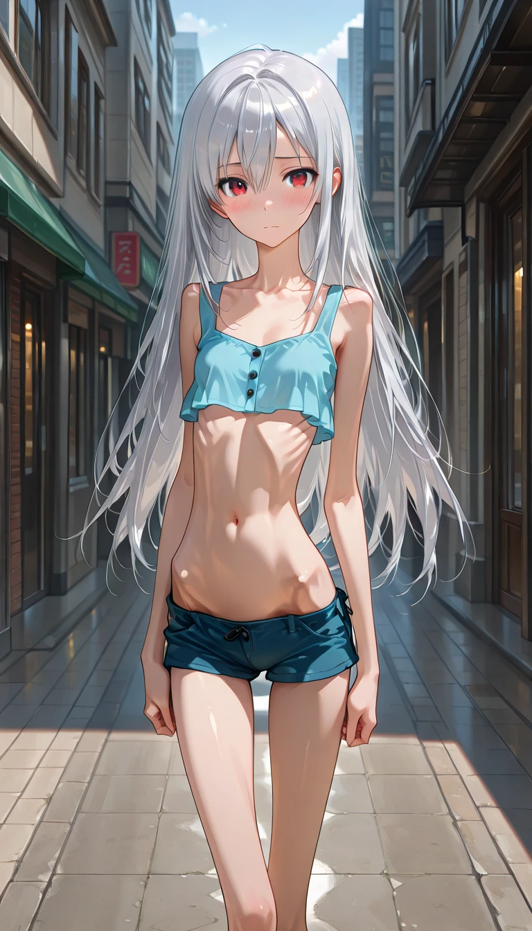   girl, tube top, micro shorts ,((flat chest)),slender,long hair,(loli),white hair, city street
