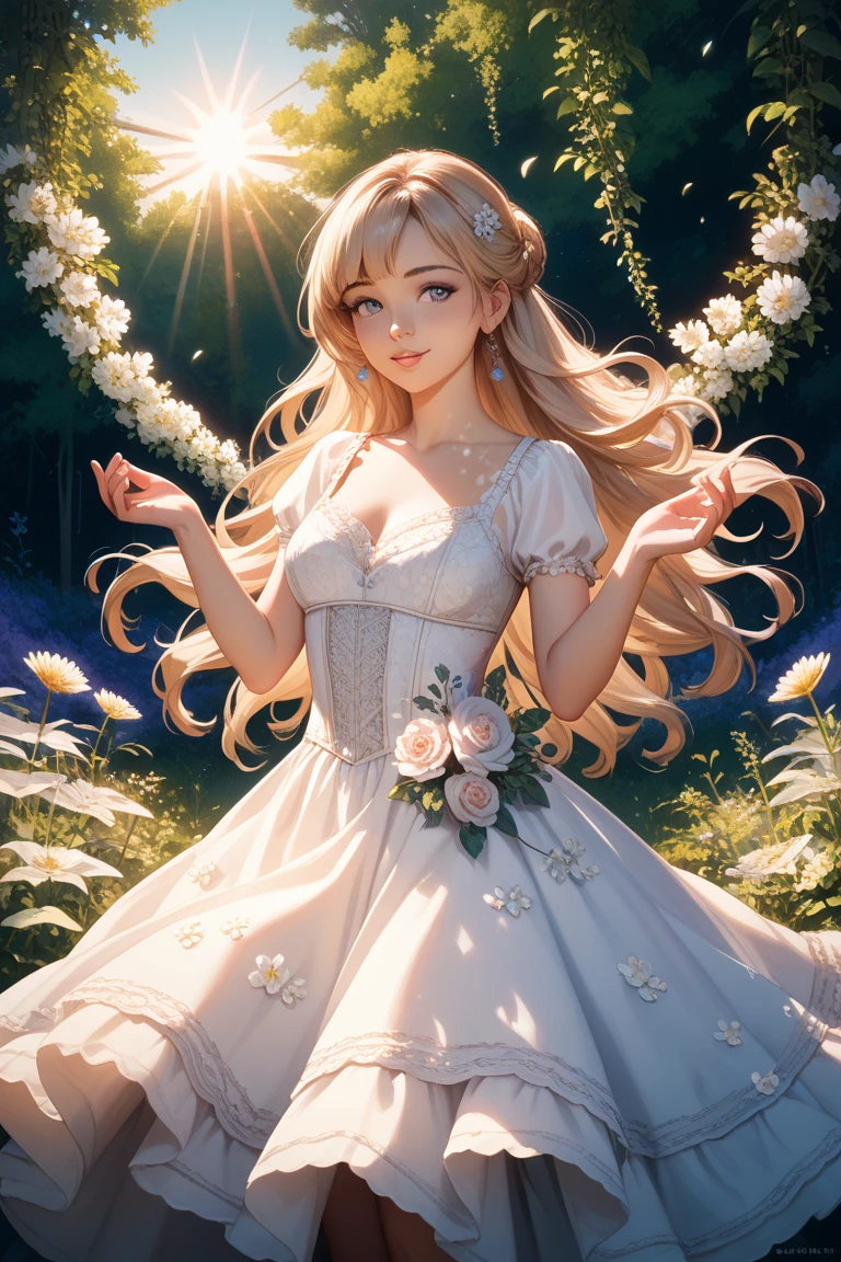 Anime girl with long blonde hair holding bouquet of flowers, Beautiful maiden, guweiz on pixiv artstation,  in dress, guweiz, guweiz on artstation pixiv, Violet Evergarden, a maid in a magical forest, Cute anime waifu in a nice dress, smiling as a queen of fairies, Beautiful Anime Portrait