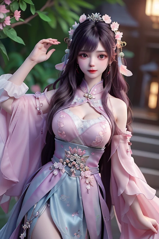 (8k, RAW photo:1.2), best quality, ultra high res,dramatic angle,(fluttered detailed color splashs), (illustration),(((1 girl))),(long hair),(rain:0.9), (Headdress:1.4),There is an ancient palace beside the girl,Hanfu,(Key Points),Color ink painting,(Splash of Color),Splash of Color,(((colorful))),(sketch:0.8) , Masterpiece, best quality, beautiful painted, highly detailed,(denoising:0.6),[splash ink],((ink refraction)), (beautiful detailed sky),moon,highly,detaild,(masterpiece, best quality, extremely detailed） CG Unity 8k Wallpaper，masterpiece，best quality，Ultra Detailed），（Lycoris）. hanfu open v open V-chested clothes Thin silk lace dress , (huge ，cleavage),, white pink and gren，best qualtiy，tmasterpiece，Ultra-high resolution，（Reality：1.4），RAW photogr，（True skin texture：1.3），（filmgrain：1.3），（Selfie angle），1个Giant Breast Girl，Beautiful eye and face details，tmasterpiece，Best quality at best，，The chest more exposed， detailed hair, bra pink lotus , detail 8k, upper body, lace petticoat