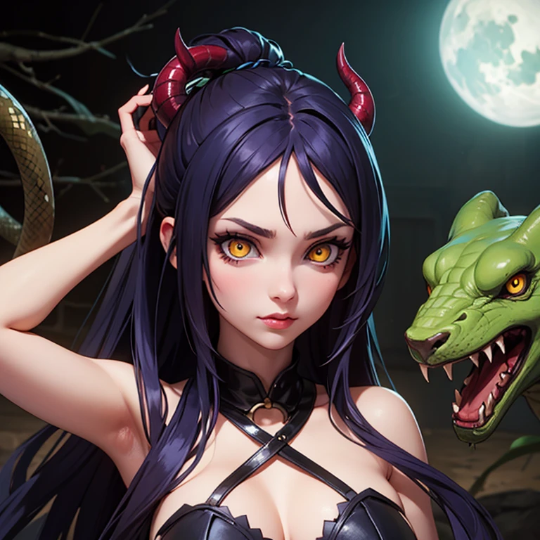 A woman with snake scales all over her body，Beauty Demon，hyper HD，Raised scales，Sexy figure，Oversized breasts，hyper HD，The huge breasts are covered with scales，dragon scale，Long tail，Two demon horns，Long tongue，empty pupils，Delicate big eyes