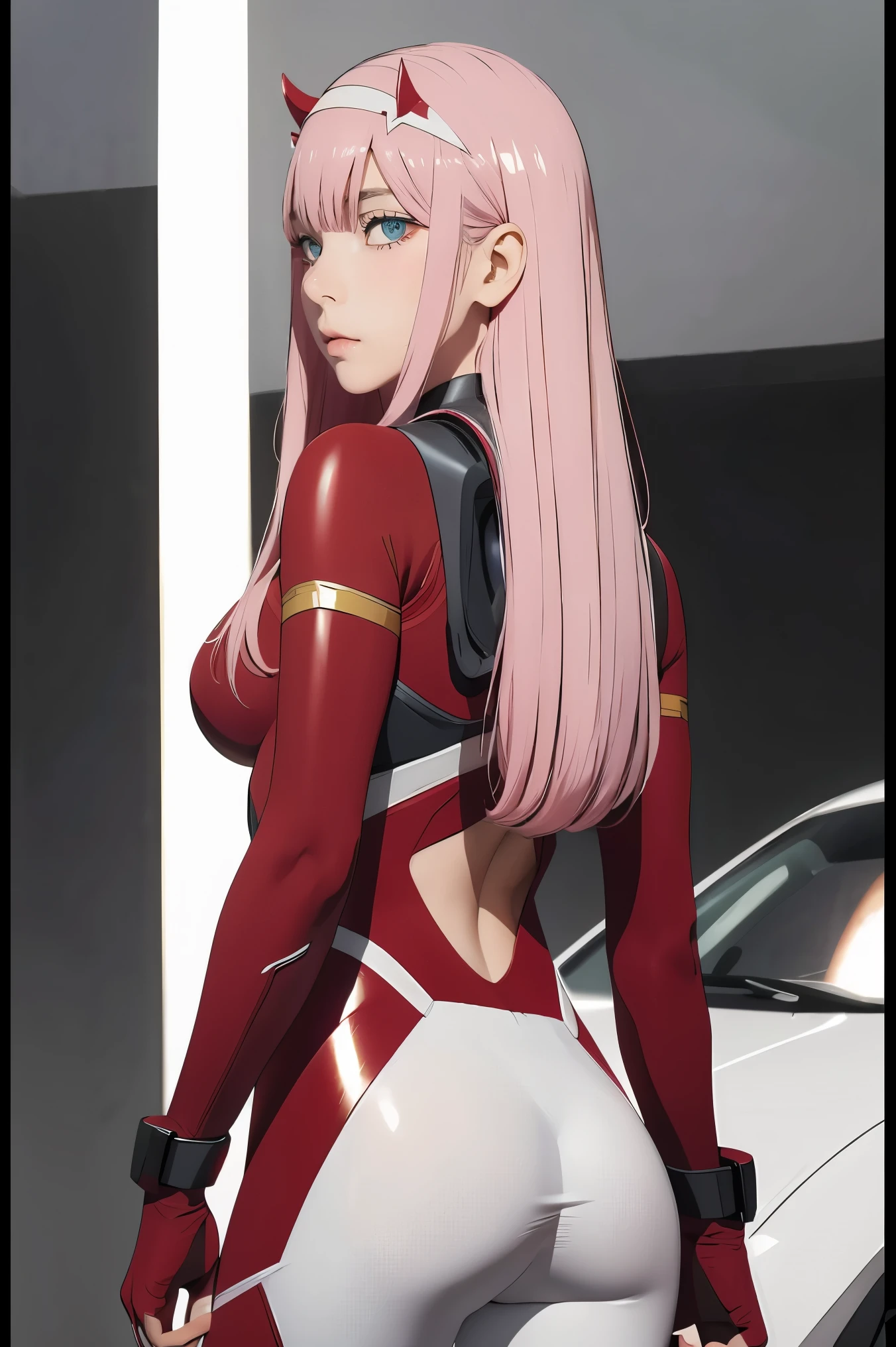 ((best quality)),((highly detailed)),masterpiece,absurdres,detailed face,beautiful face,((detailed eyes, deep eyes)),(1girl),((dynamic pose)), Zero_Two, green eyes, 1girl, solo, red bodysuit, long hair, pilot suit, pink hair, bodysuit, straight hair, hairband, standing, horns, breasts, bangs, closed mouth, looking at viewer, medium breasts, white hairband, skin tight, blunt bangs, makeup, eyeshadow, very long hair, sidelocks, expressionless, hair between eyes, red horns, shiny hair, from behind
