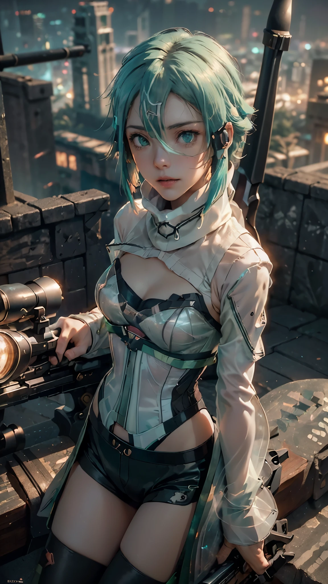 Landscape of a very beautiful 1girl, (((scoope peeking A Sniper Riffle:1.7)))!!!, (((face exposed)))!!!, (cowboy shot), ((high angle:1.4))!!! (((front focus))), (((background Blurry))), Bokeh, lens flare, photography with Fujifilm XT3, depth of field, film grain, female focus, BREAK, Sinon/(Gun Gale Online/), anime style, (((Look through the scoope)))!!!, (((cyberpunk city escape)))!!!, (((night:1.6)))!!!, dark sky, (looks at the RIFFLE SCOPE with beautiful aqua iris like mirror:1.5)!, Ultra detailed eyes, (Beautiful light aqua pupil's eye's like mirror:1.5)!, Stars in her fixed eyes, (homochromatic eyes)!!!, warm smile, long sleevemouth, (thin fresh peach lips)!, (Blush)!, Perfect nose, Cute little nose, beatiful face, Face Clean, realistic Skin, hyper realistic, Perfect eyebrow appear through Light tosca hair, hair between eyes, tosca hair bangs, (((ultra shine Light tosca short smooth straigh hair)))!!!, (((hairclips)))!!!, ((dynamic composition)), BREAK, detached sleeves, (((close shoulders with jacket)))!!!, /(((wear original costume of Asada sinon from Gun Gale online)))!!!, (((White loop scarf:1.4)))!!!, (((White see through corset:1.4)))!!!, (((long sleeves green bolero jacket:1.7)))!!!, ((((White cuff))))!!!, (((black fingerless glove)))!!!, medium breasts, (((medium breast cleavage)!!, (((black shorts:1.5)))!!!, ((tight band))!!, (((green knee high leg warmer)))!!!, Slim Legs, open smooth thigh, vivid color clothes, detailed realistic clothes, BREAK, Best Quality, Masterpiece, Ultra-detailed, Beautiful, hight resolution, Original, CG 8K, perfect photo, dramatic lighting, Beautiful lighting, (((Realistic fantasy art)))!!!, Realistic, Full HD, Best Quality, award winning, (8k wallpaper of extremely detailed CG unit), High Details, sharp-focus, The art of dramatic and photorealistic painting, ((highest rooftop at night)), dynamic composition, breathtaking rendering, strong color, deep shadow