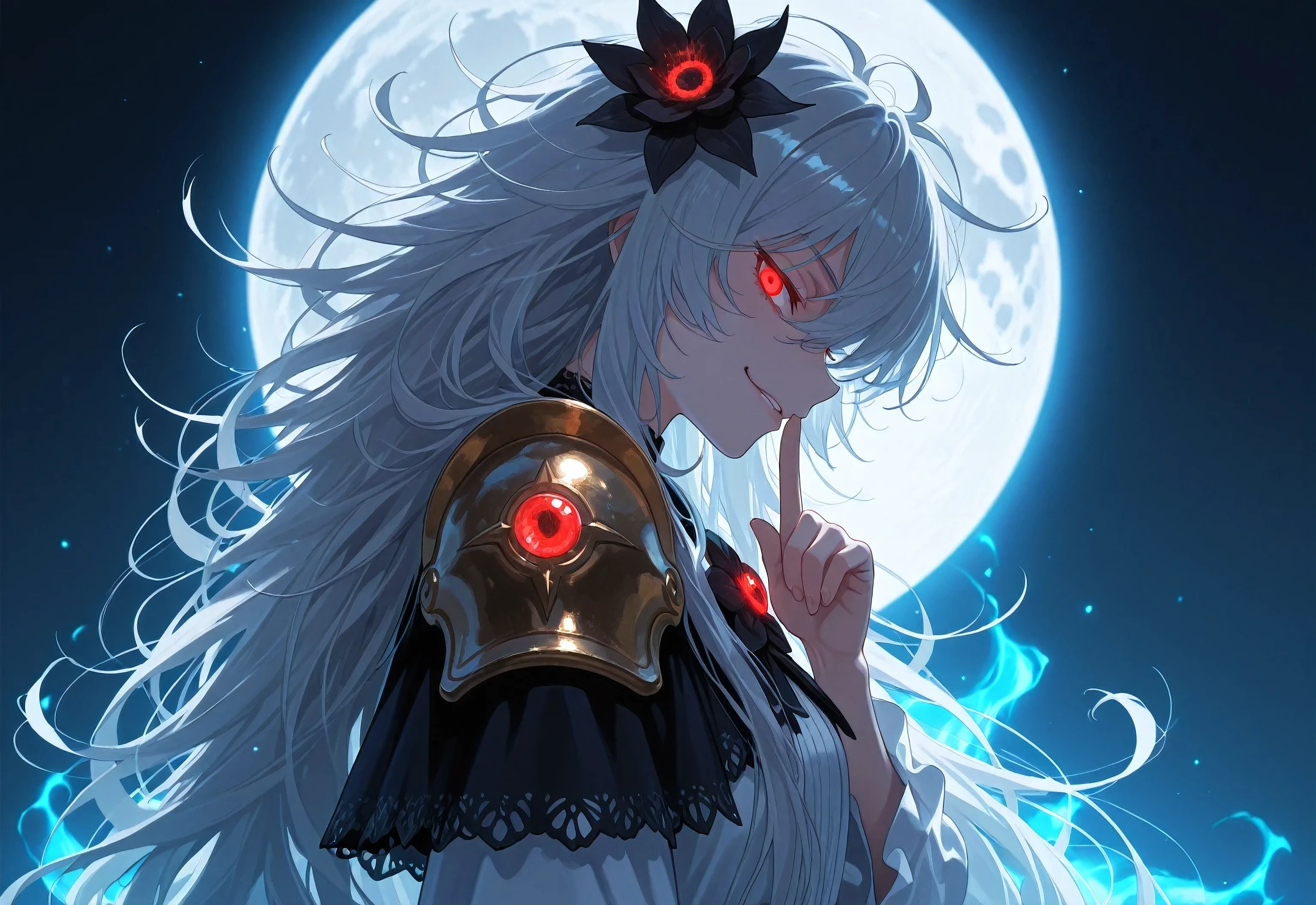 (solo:1.7), detailxl, Anime illustration, detailed anime artstyle, cinematic, volumetric lighting, clear sky, evening, cold light, colorful, light reflection, (head tilt, looking over her shoulder, teasing, lidded eyes, sultry, (side shot, side profile, from the side:1.1):1.5), glaring at viewer, side eye, front, upper body shot, fotoshoot, model, (1girl:0.98), young, adolescent, detailed skin, extremely detailed eyes, dynamic pose, crimson eyes, glowing eyes, (very long hair, messy hair, wild hair, hair in front of eye:1.2), flower brooch in her hair, auralora cosmic flowers, aura flowers, finger on her lips, shushing, shush, crazy eyes, soft smirk, black flower, blue glow, blue aura, moon, lunar power, closed mouth, (white hair, gray hair, shining hair:1.1), crazy smile, crazy laugh, (tsurime:1.3), (white french dress:1.1), asymmetrical black magical mage shoulder armor, capelet, ornate dress