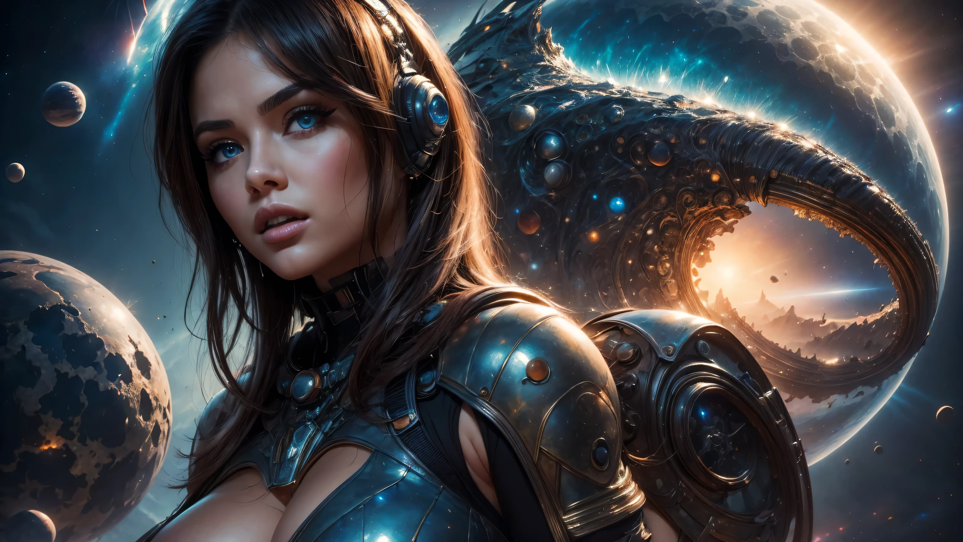 ((alien)), young female exposed, bare chest, martians everywhere, planets, stars, nebulae, laser, exposed breast, ass, vagina, cleavage:1.2, nsfw
